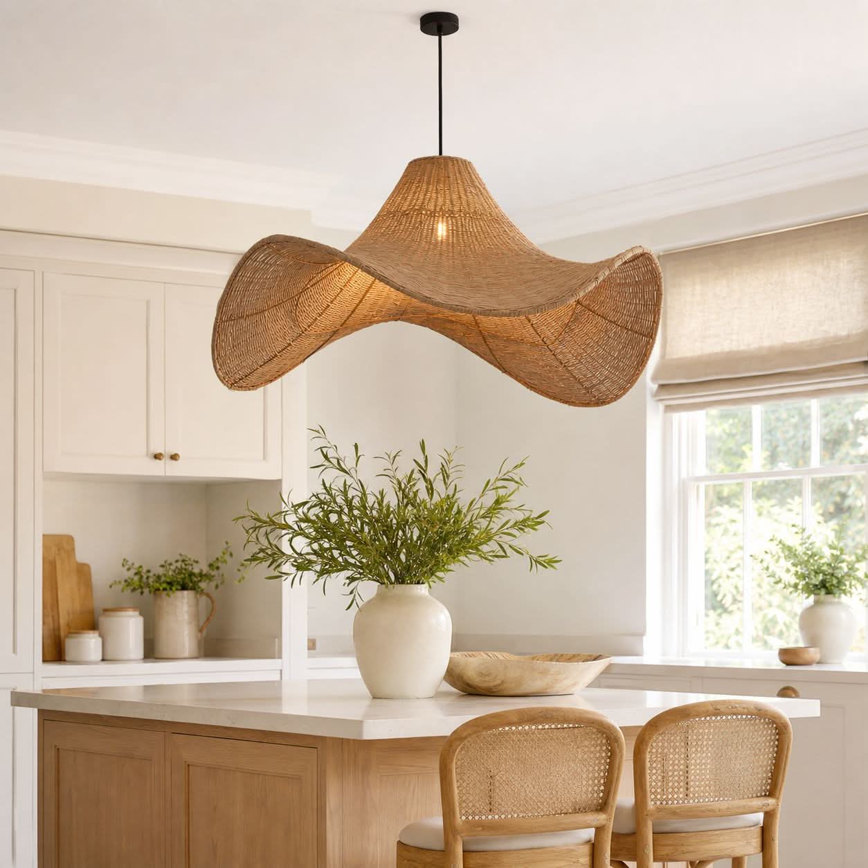 Lightsin Handwoven Rattan Pendant Light Natural & White Hat-Shaped Ceiling Light