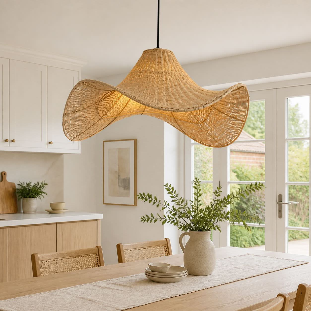 Lightsin Handwoven Rattan Pendant Light Natural & White Hat-Shaped Ceiling Light