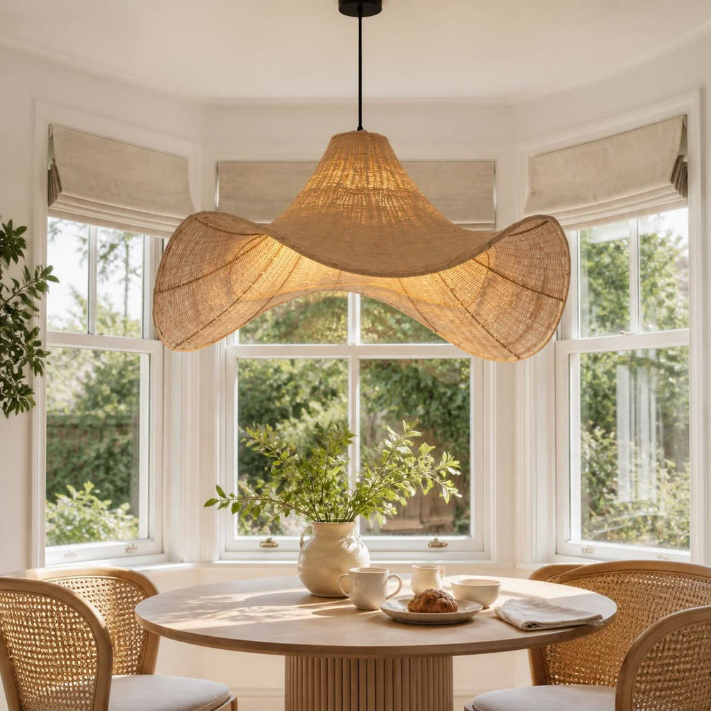 Lightsin Handwoven Rattan Pendant Light Natural & White Hat-Shaped Ceiling Light