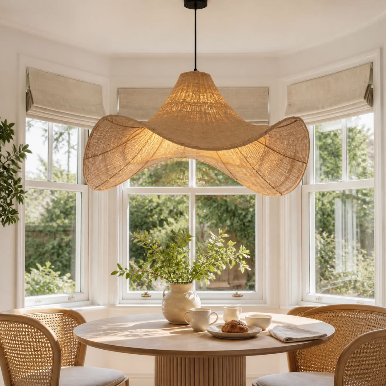 Lightsin Handwoven Rattan Pendant Light Natural & White Hat-Shaped Ceiling Light