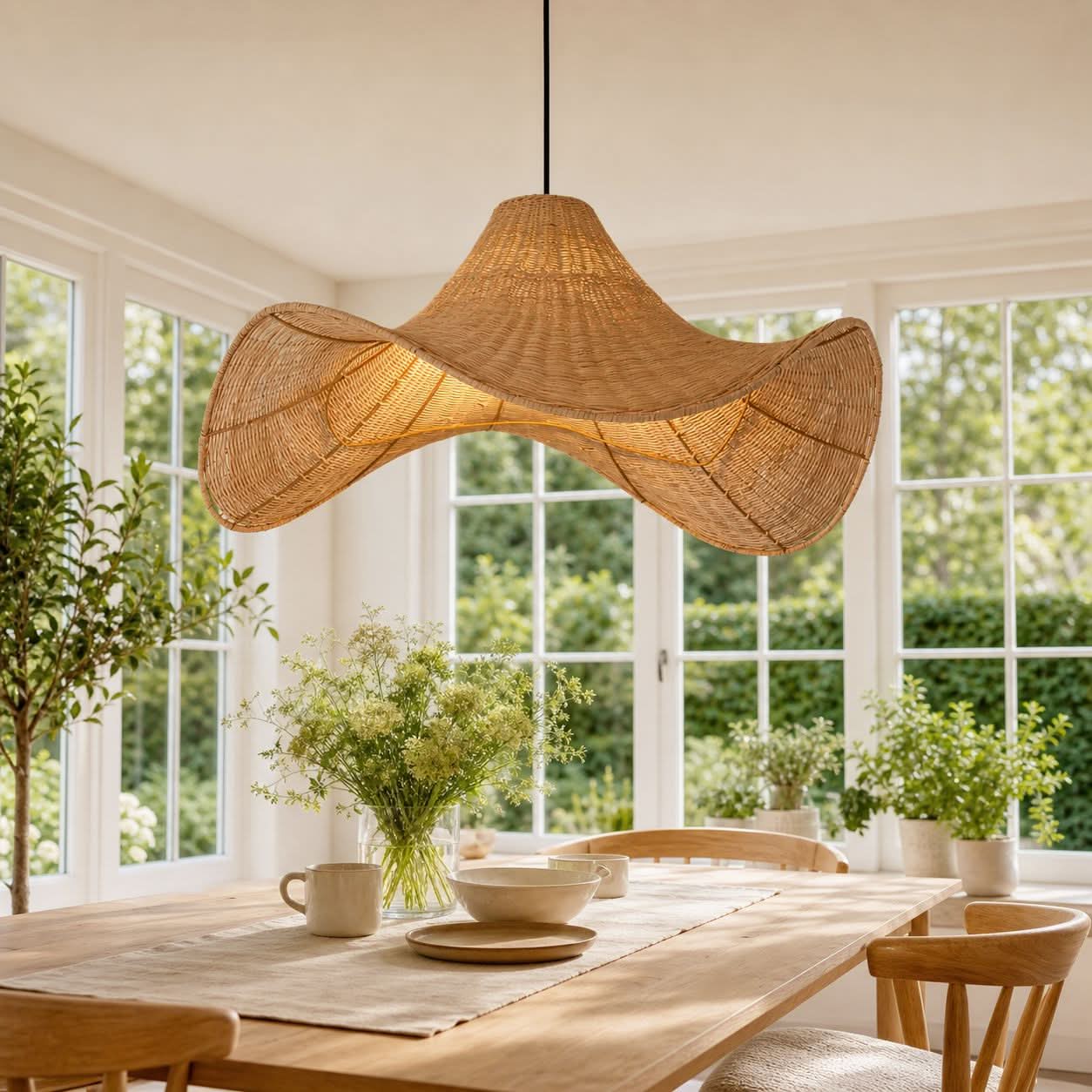 Lightsin Handwoven Rattan Pendant Light Natural & White Hat-Shaped Ceiling Light
