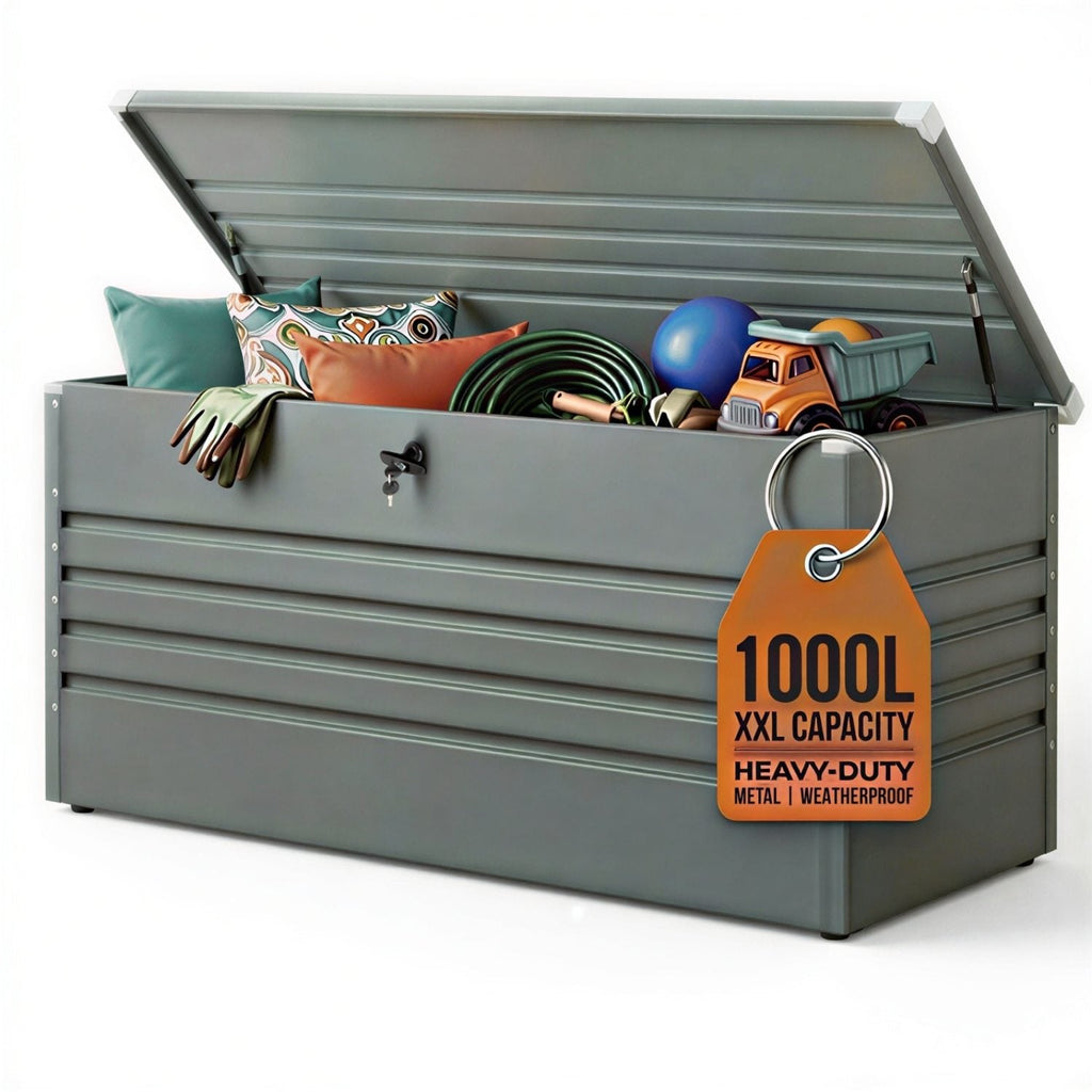 1000L XXL Waterproof Metal Garden Storage Box – Lockable Gas Lift Outdoor Storage – Cushions, Tools & Patio Furniture – Anthracite