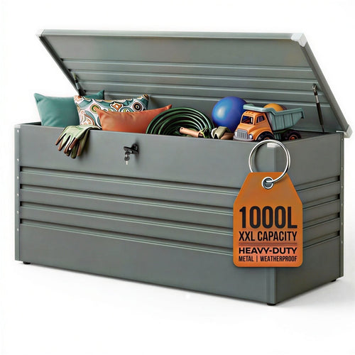 1000L XXL Waterproof Metal Garden Storage Box – Lockable Gas Lift Outdoor Storage – Cushions, Tools & Patio Furniture – Anthracite