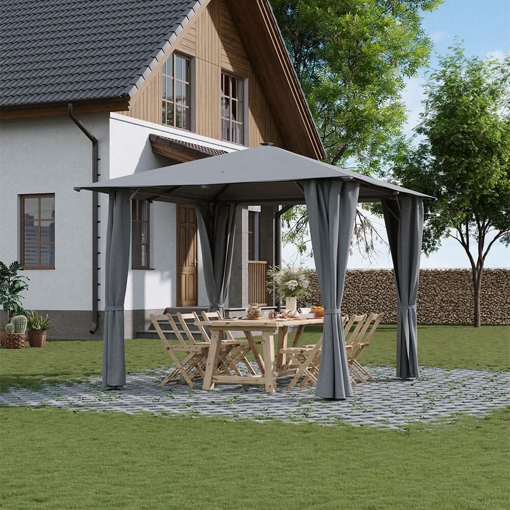 3x3x2.6m / 4x4x2.6m Light Grey / Dark Grey Single Roof Iron Tent with Lights – Square Canopy with Ground Pegs