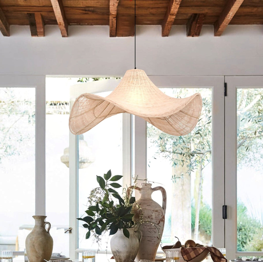 Lightsin Handwoven Rattan Pendant Light Natural & White Hat-Shaped Ceiling Light