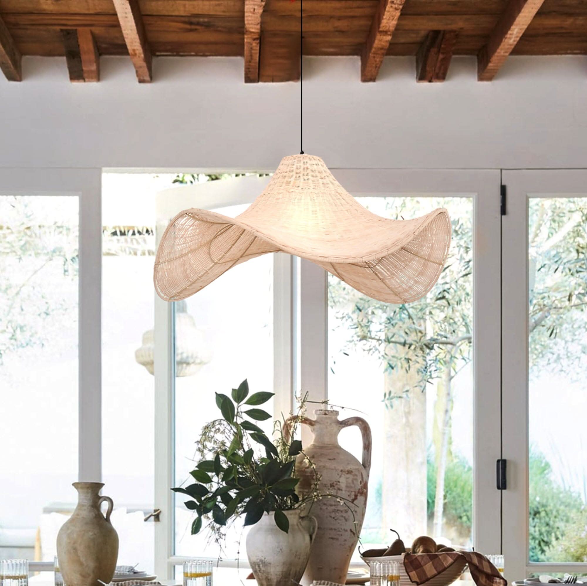 Lightsin Handwoven Rattan Pendant Light Natural & White Hat-Shaped Ceiling Light