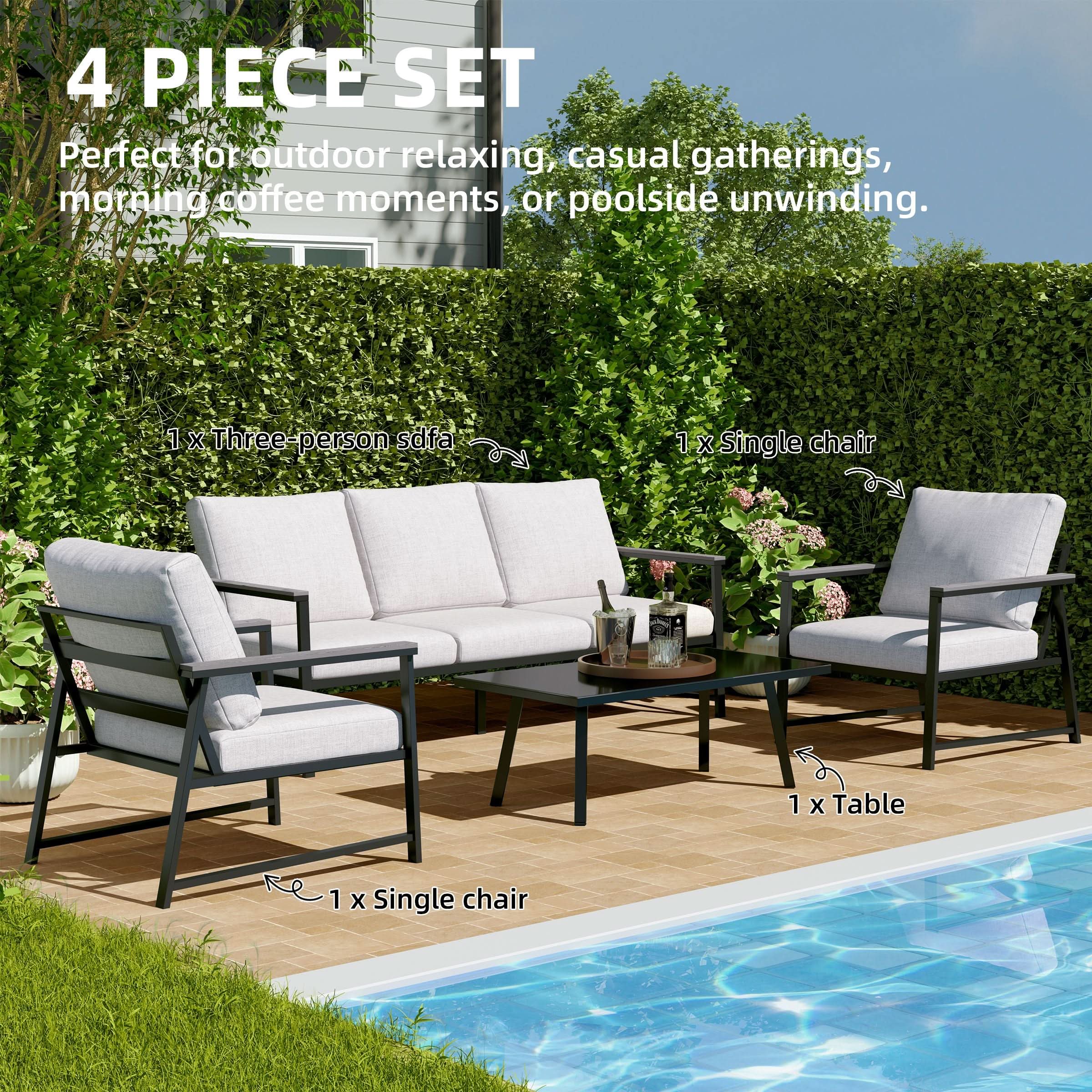 4 Piece Aluminium Outdoor Sofa Set with Glass Table Garden Furniture