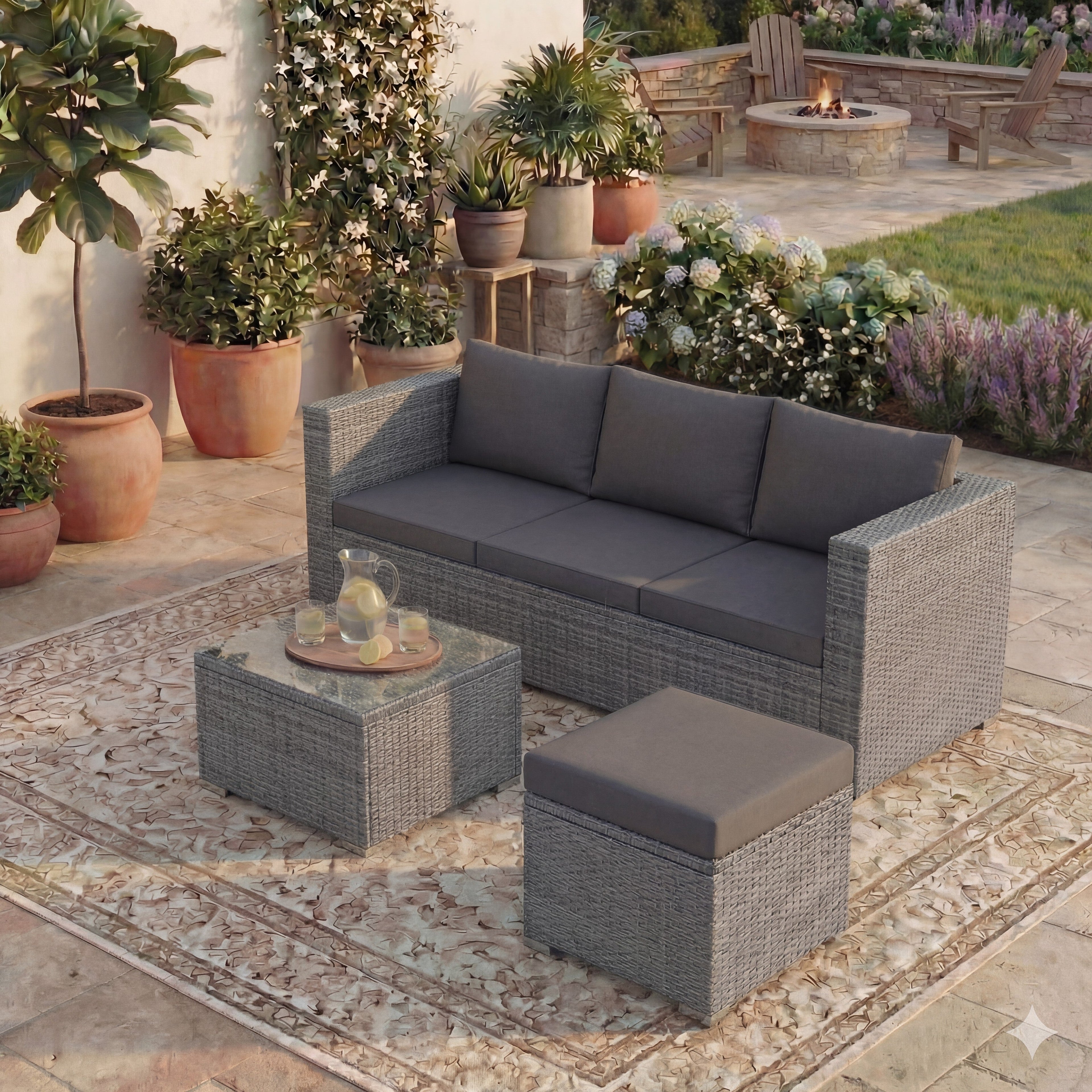 Hampton 4 Seater Corner Rattan Set, Grey & Outdoor Patio Furniture Cover