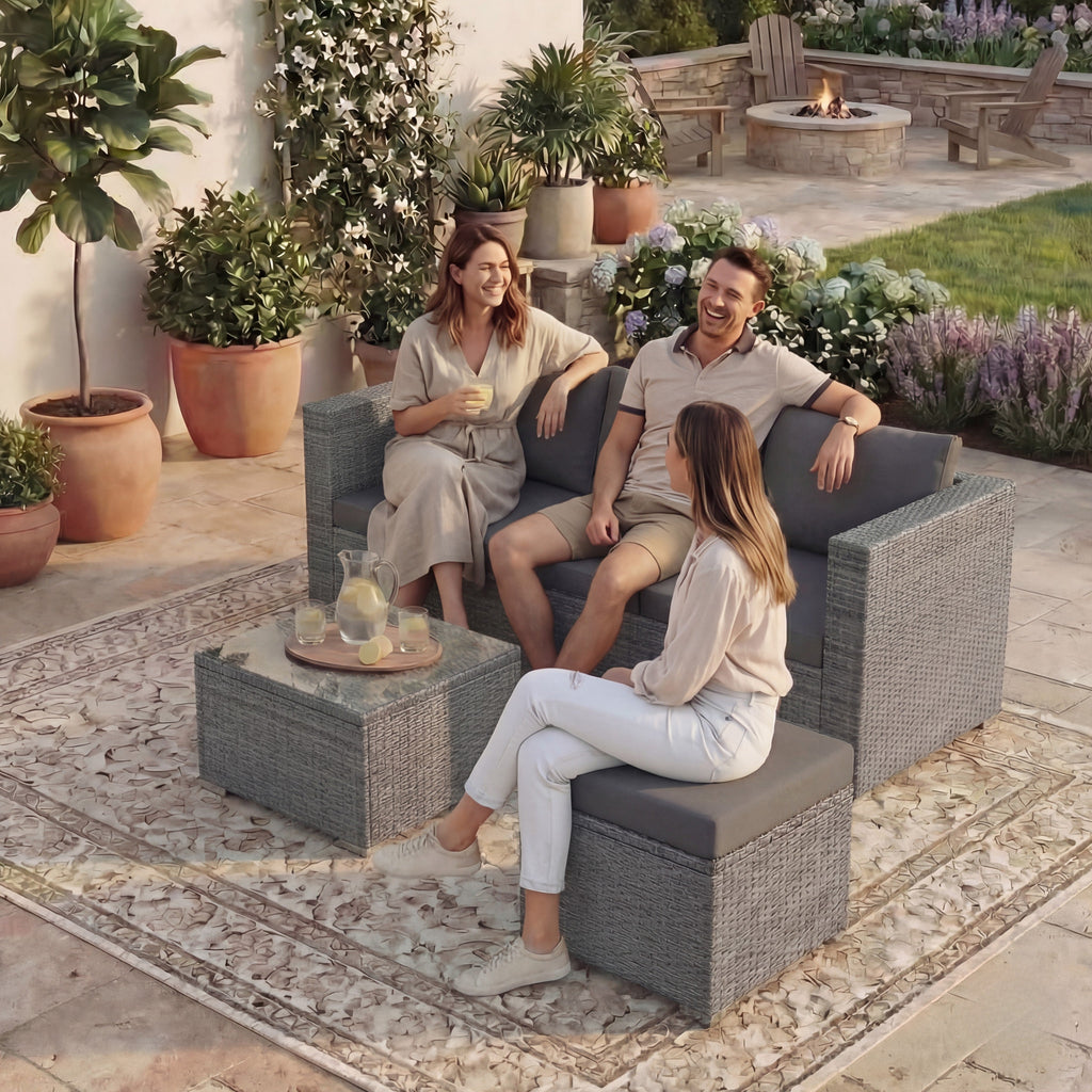 Hampton 4 Seater Corner Rattan Set, Grey & Outdoor Patio Furniture Cover