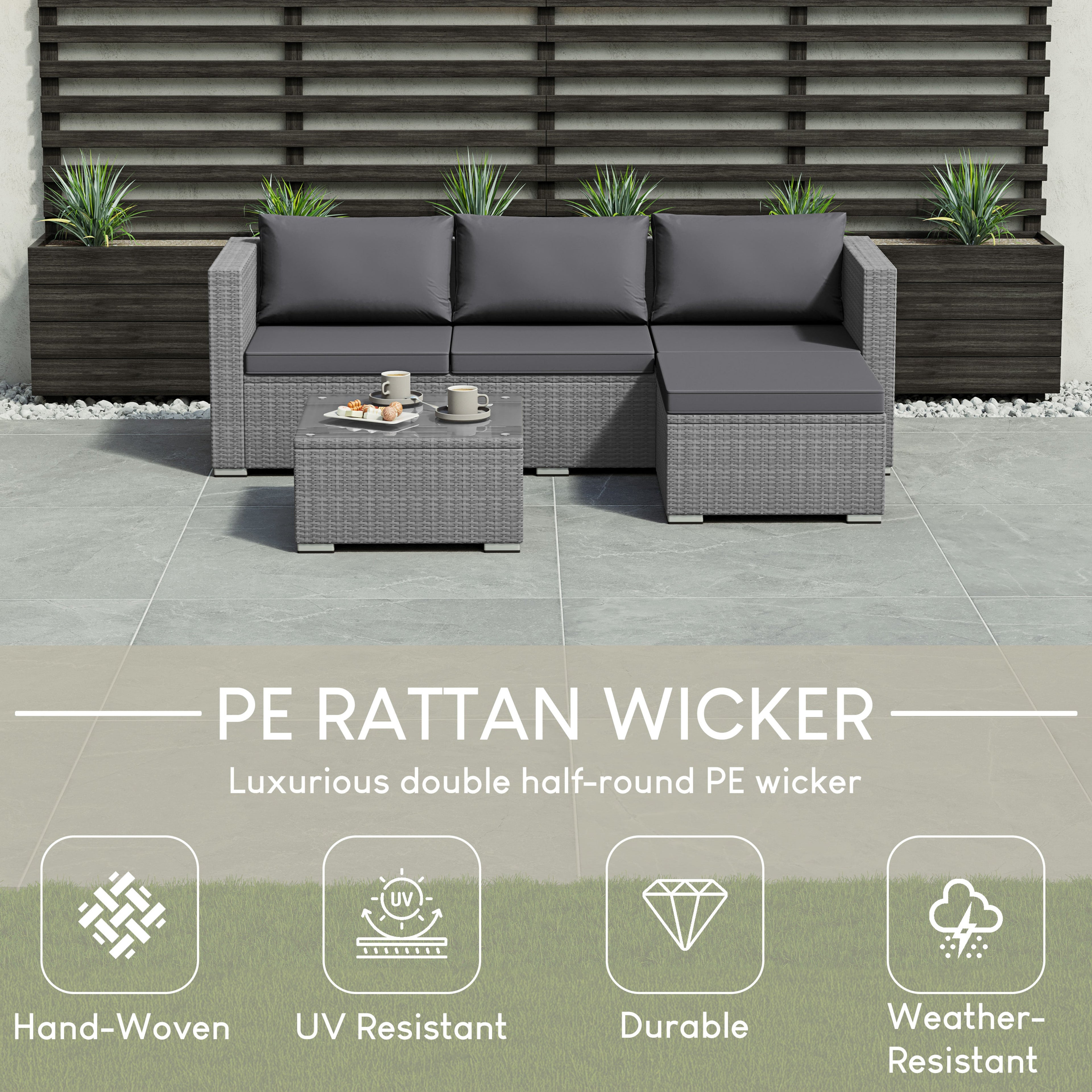Hampton 4 Seater Corner Rattan Set, Grey & Outdoor Patio Furniture Cover