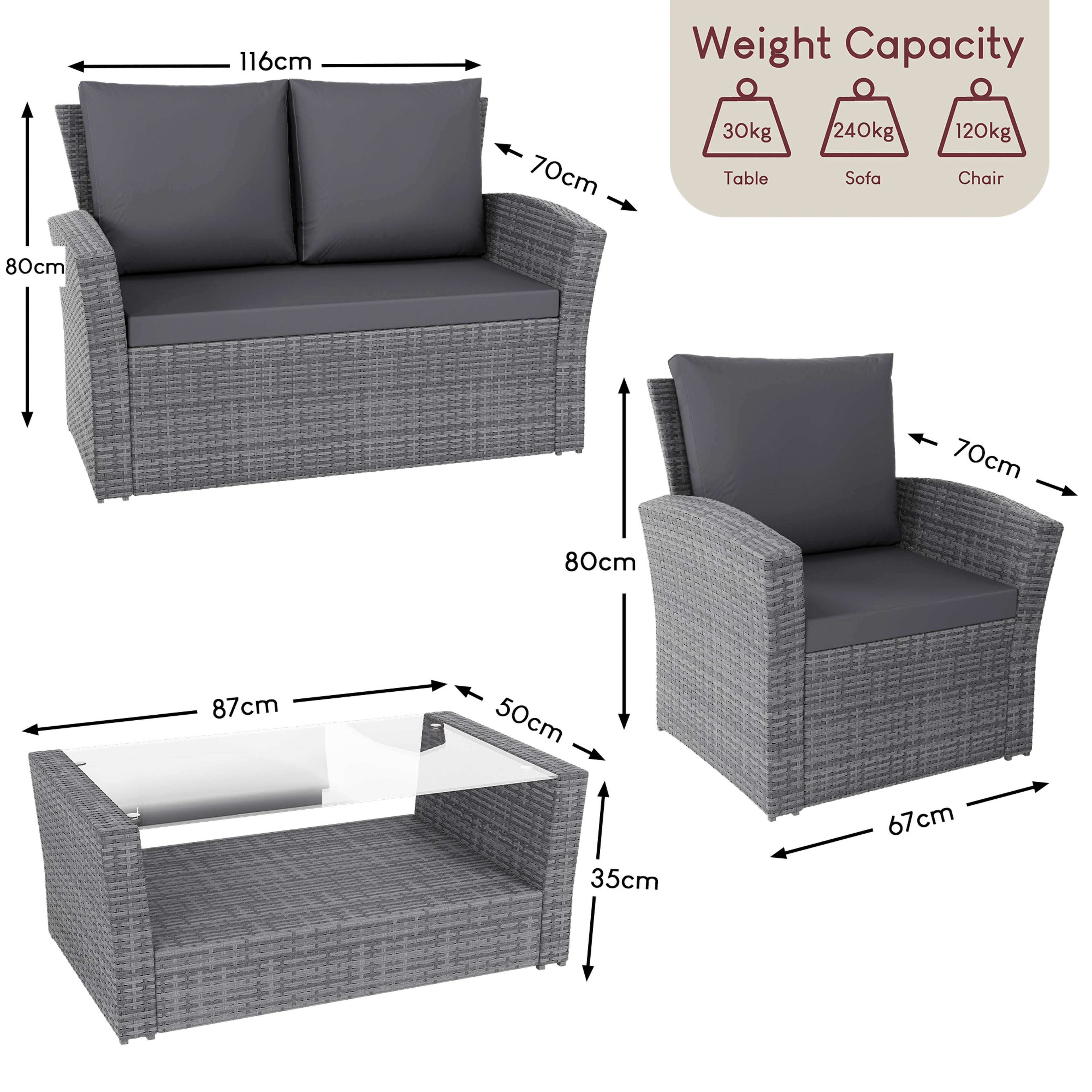 Mylor 4-Seater Rattan Set, Grey