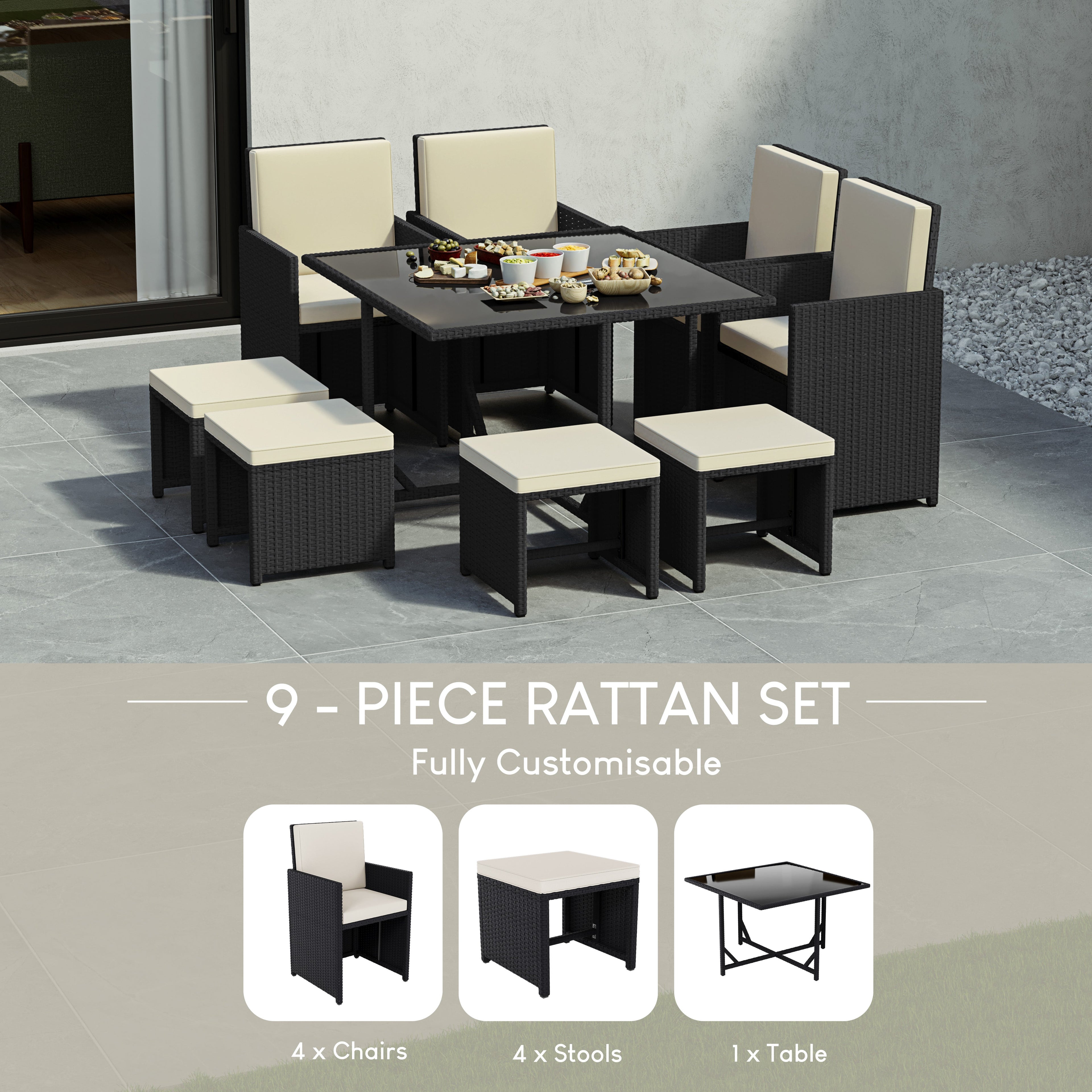 Cuba 8-Seater Rattan Set, Black