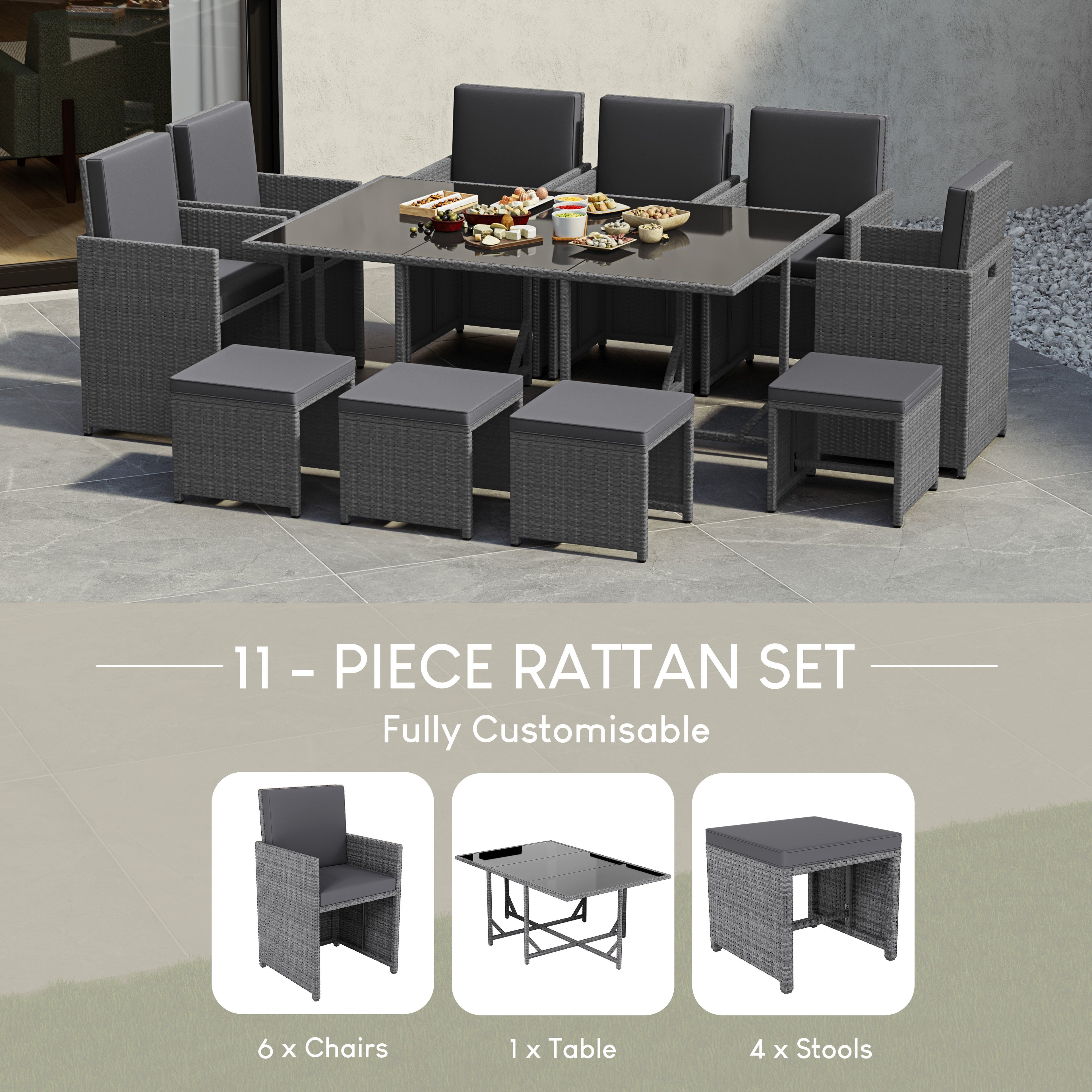 Cuba 10-Seater Rattan Set, Grey