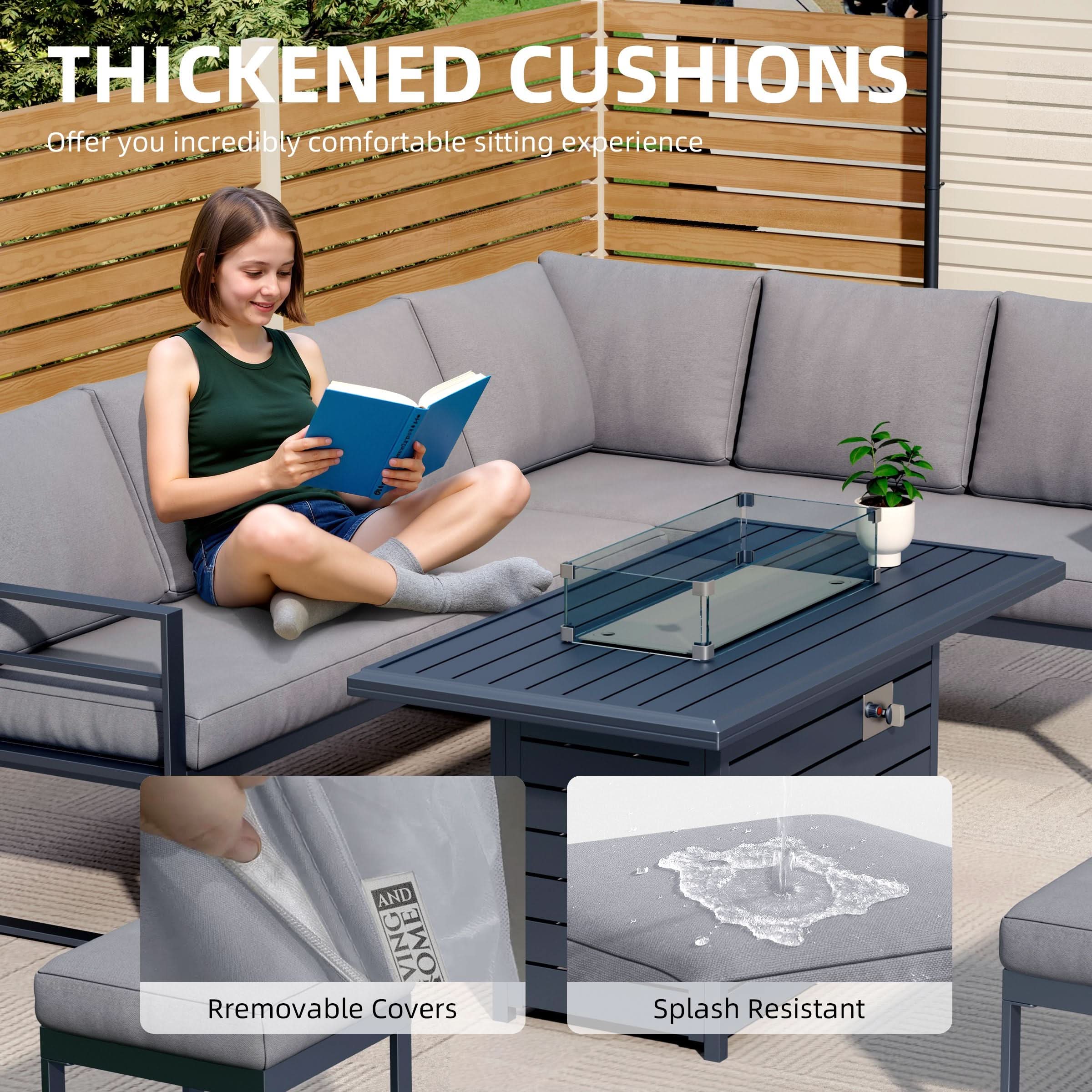 5 Piece Metal Sectional Garden Furniture Set Outdoor Corner Sofa with Cushions and Heated Table