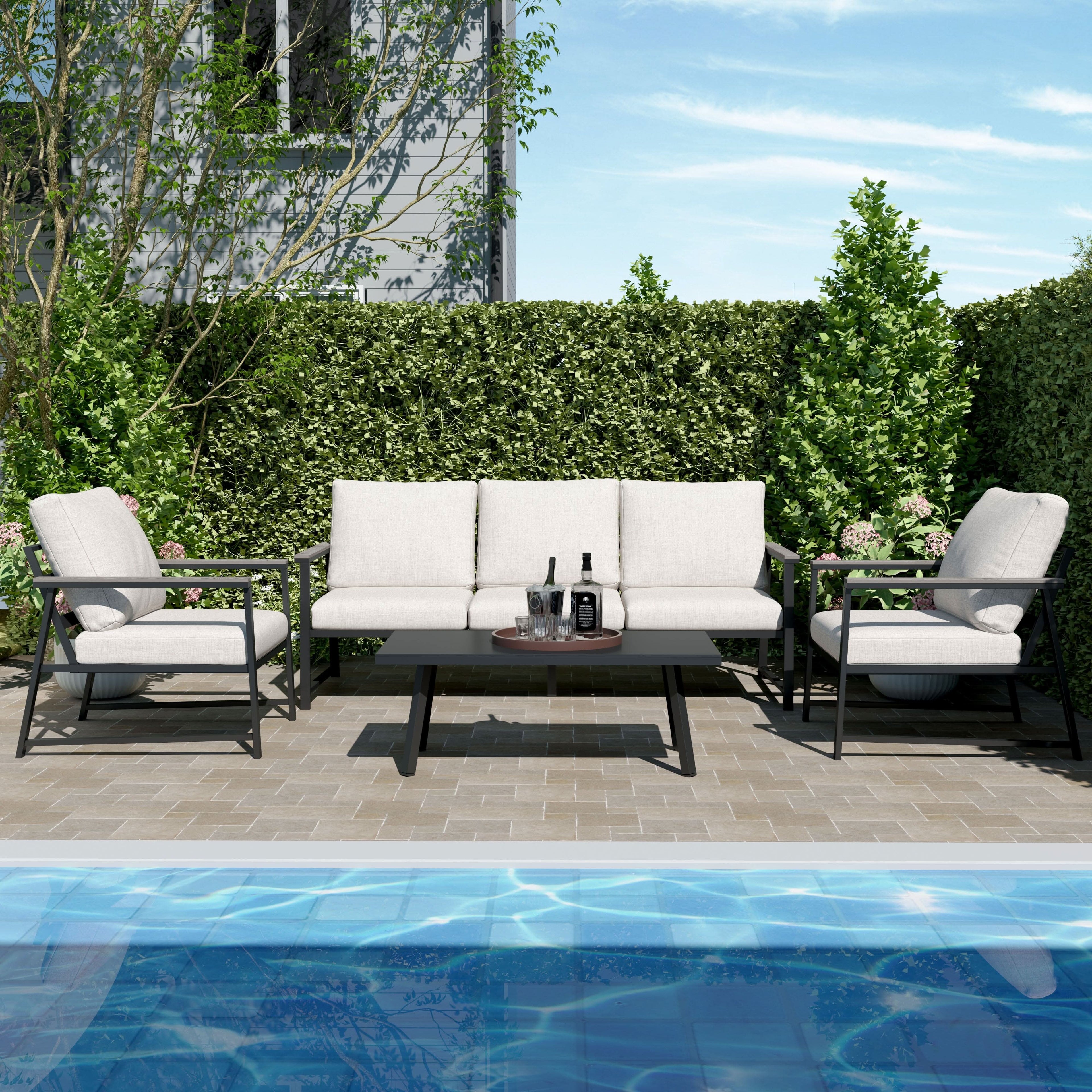 4 Piece Aluminium Outdoor Sofa Set with Glass Table Garden Furniture
