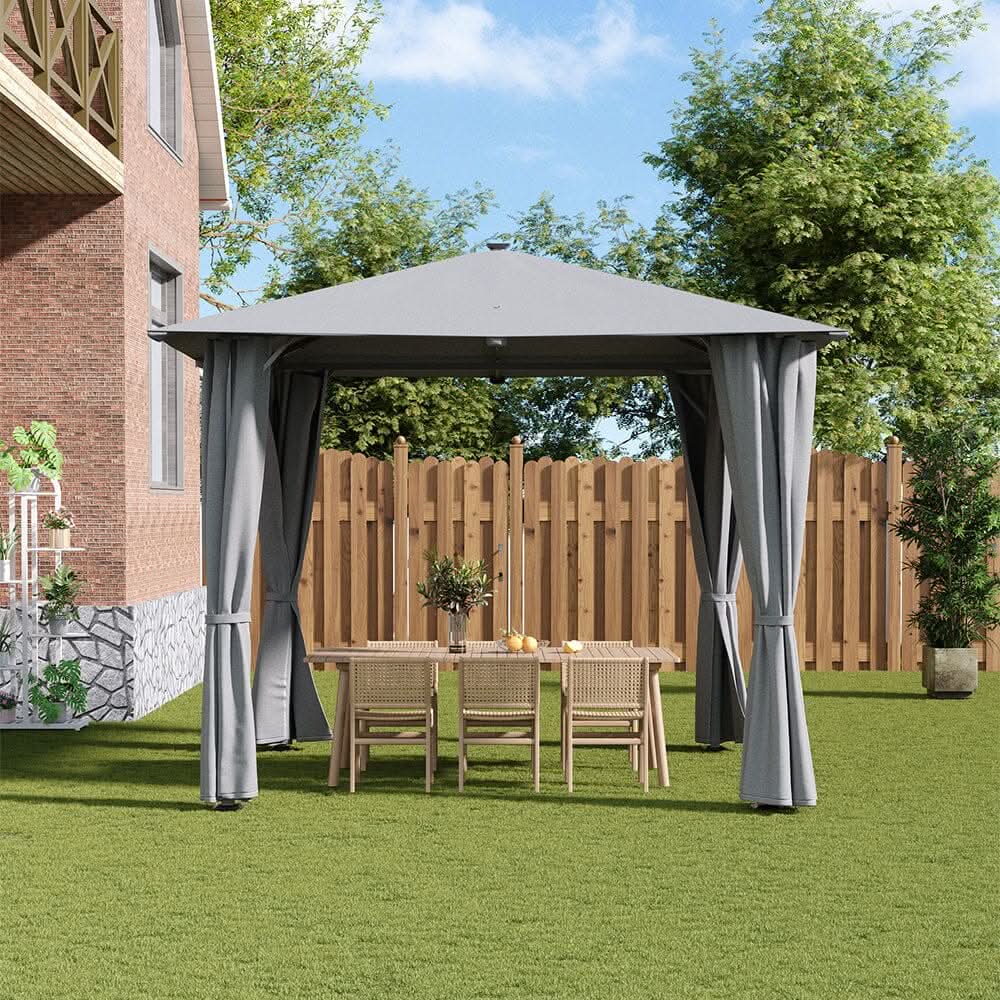 3x3x2.6m / 4x4x2.6m Light Grey / Dark Grey Single Roof Iron Tent with Lights – Square Canopy with Ground Pegs