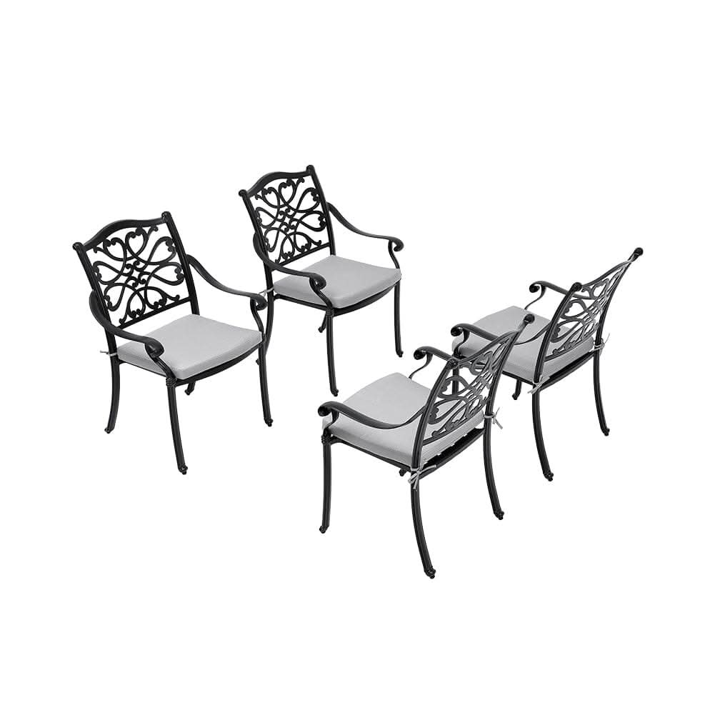 4Pcs Cast Aluminum Patio Dining Armchair with Black Frame and white Cushions