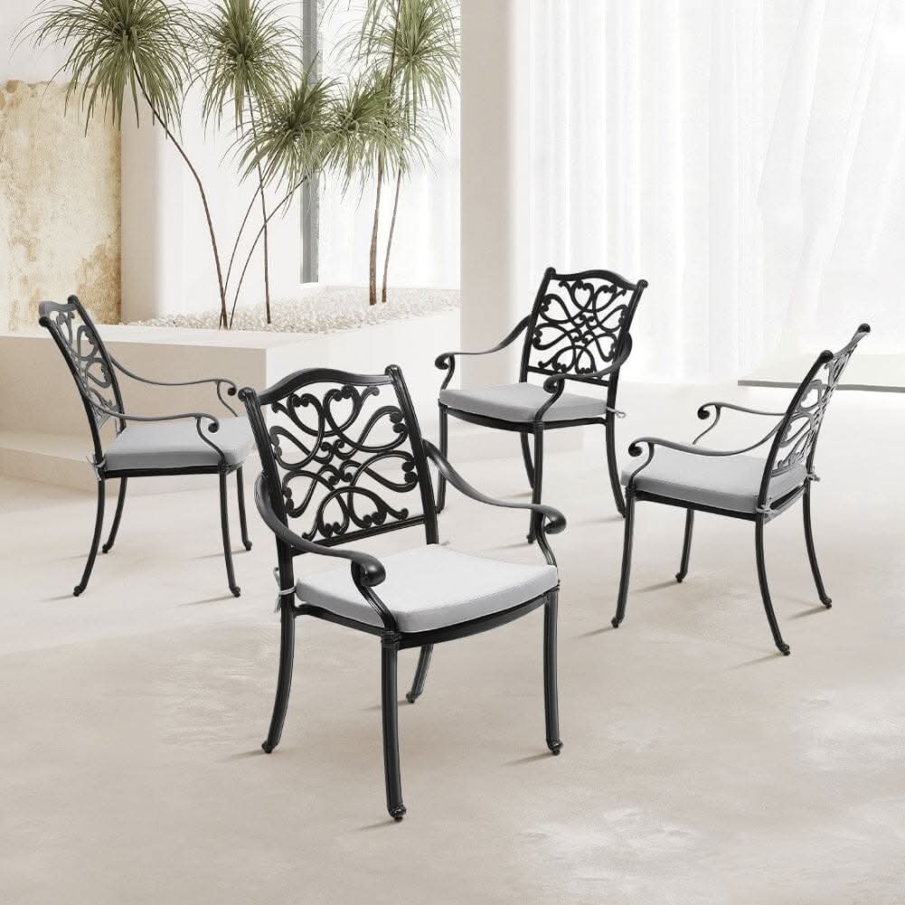 4Pcs Cast Aluminum Patio Dining Armchair with Black Frame and white Cushions
