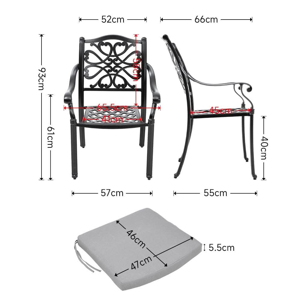 4Pcs Cast Aluminum Patio Dining Armchair with Black Frame and white Cushions