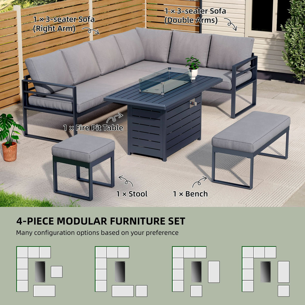 5 Piece Metal Sectional Garden Furniture Set Outdoor Corner Sofa with Cushions and Heated Table