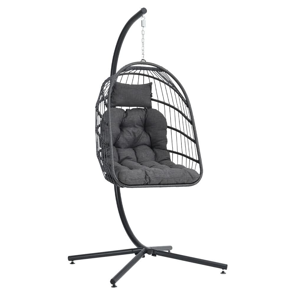 Black Rattan Patio Swing Chairs with Stand and Cushion