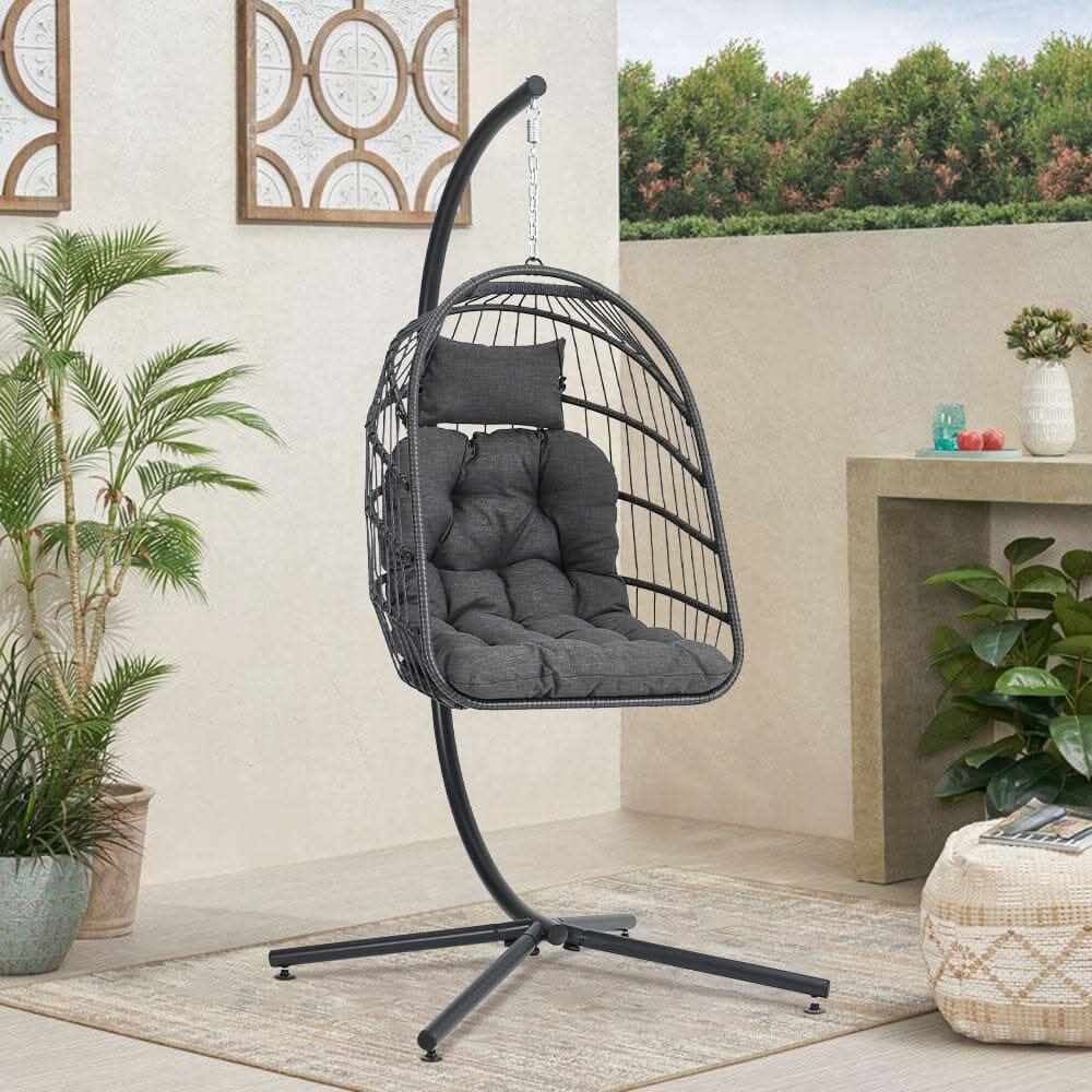 Black Rattan Patio Swing Chairs with Stand and Cushion