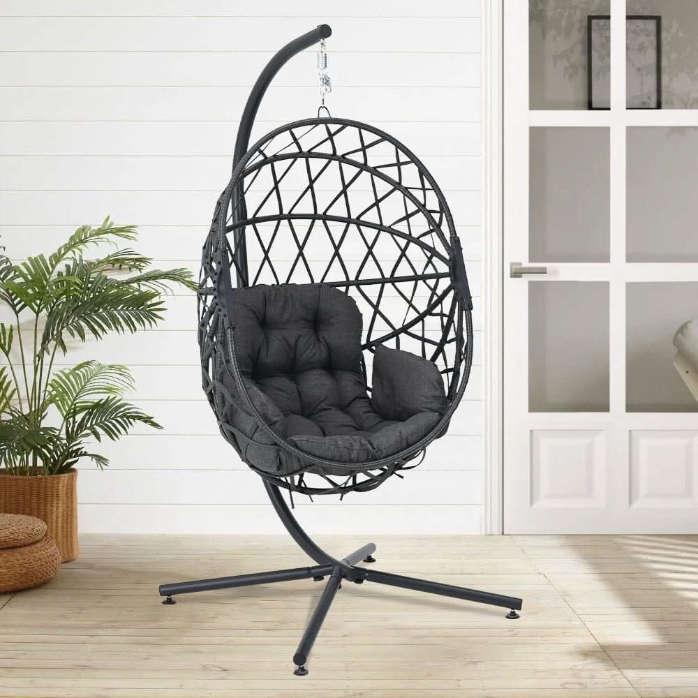 Black Wicker Rattan Swing Basket Chair with Soft Cushion