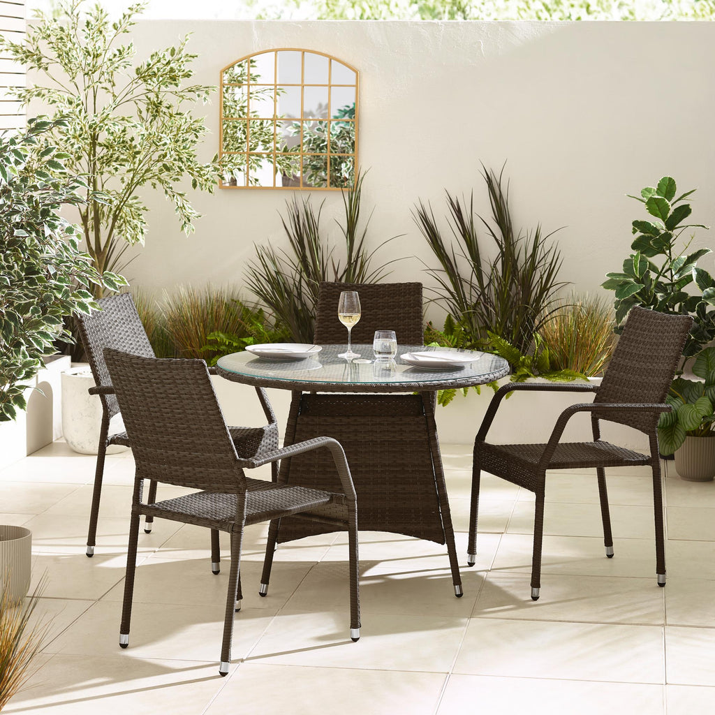 Antigua Brown Rattan 4 Seat Round Table Garden Dining Set