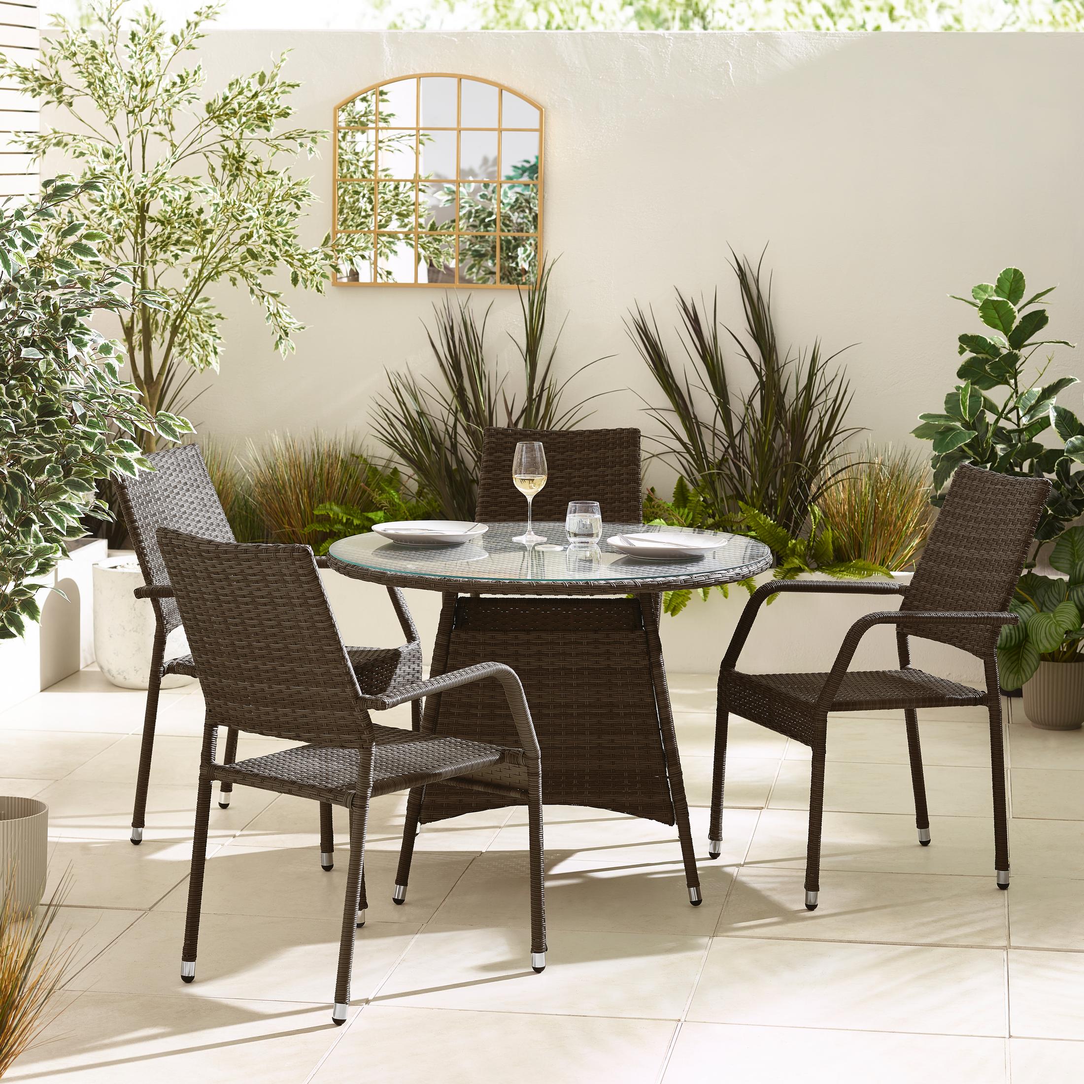 Antigua Brown Rattan 4 Seat Round Table Garden Dining Set