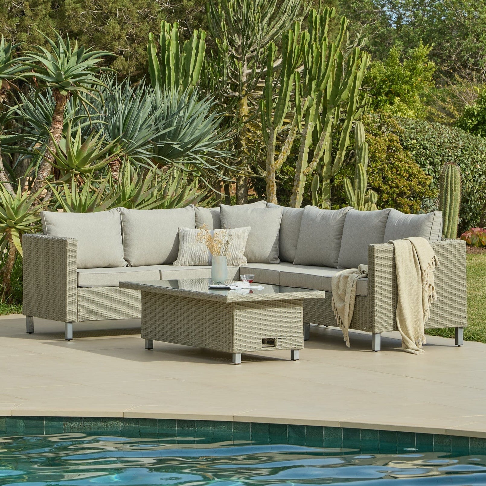 Aria 6 Seater Rattan Corner Sofa Garden Set with Raised Dining Coffee Table - Grey