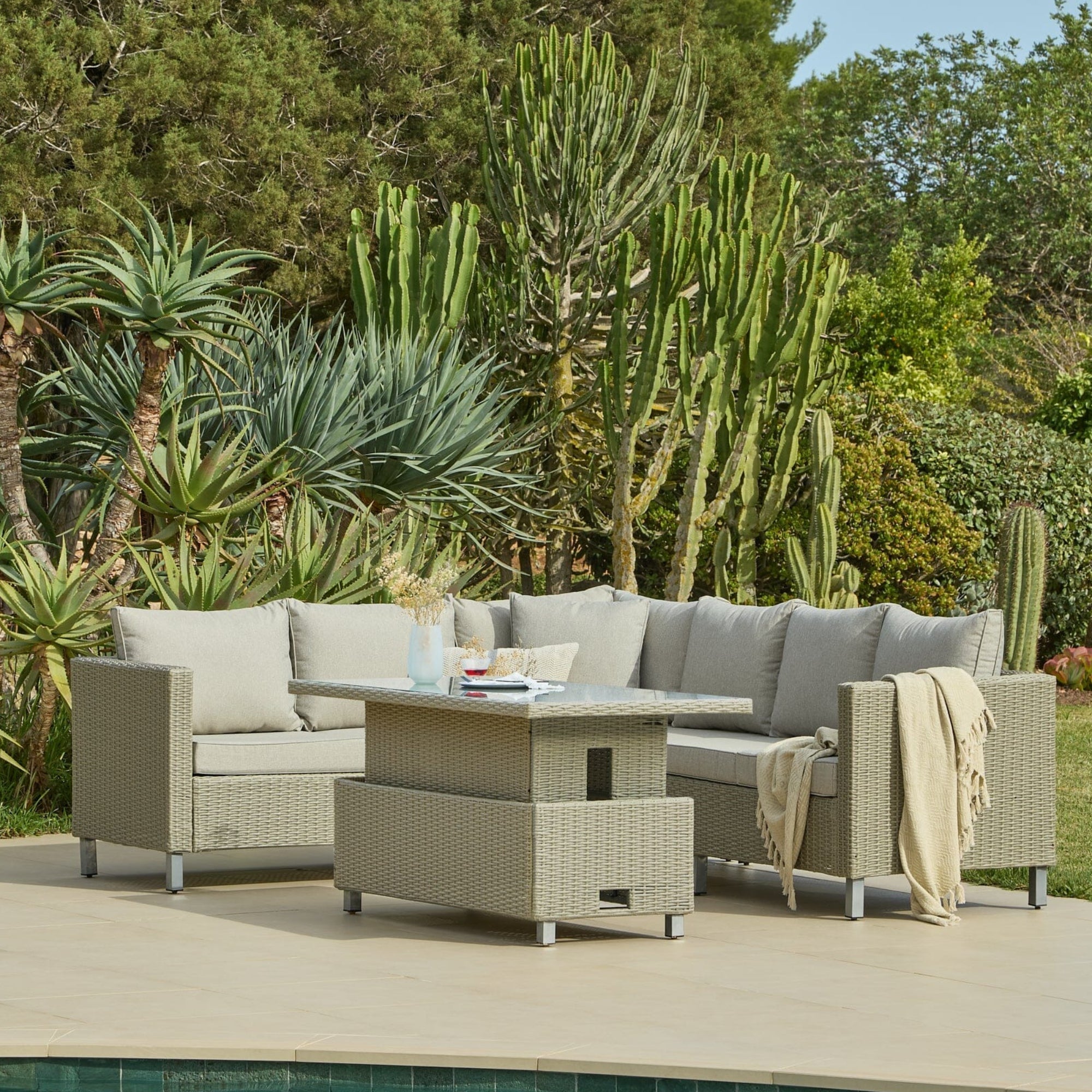 Aria 6 Seater Rattan Corner Sofa Garden Set with Raised Dining Coffee Table - Grey