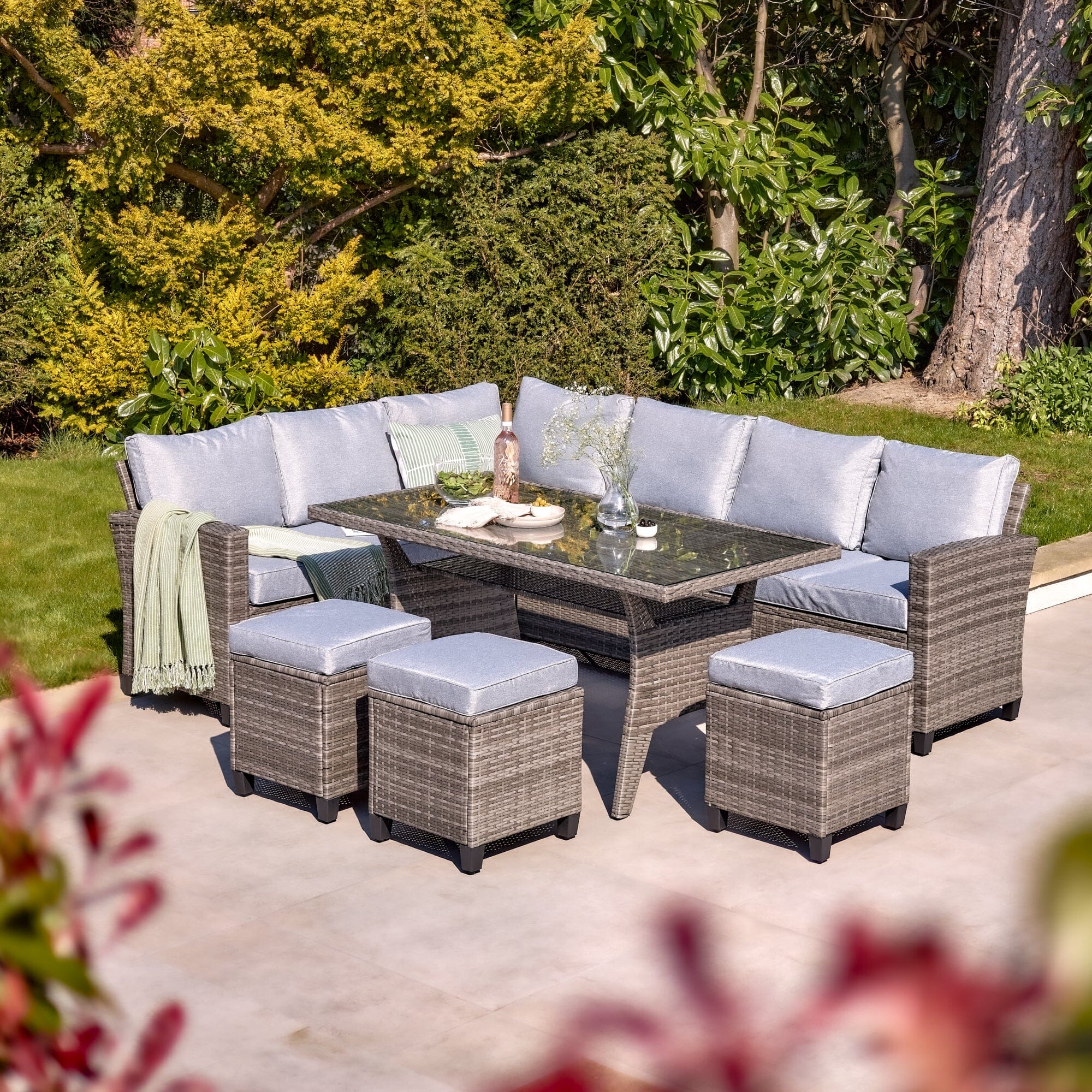 Aston 9 Seater Rattan Corner Sofa Set with Glass Table Top - Grey
