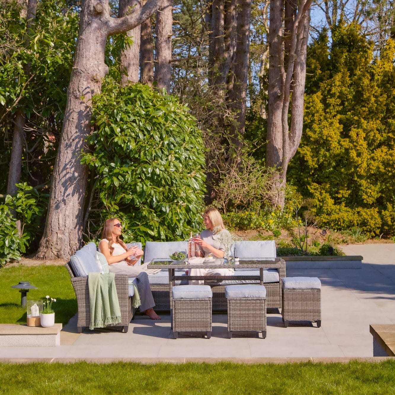 Aston 9 Seater Rattan Corner Sofa Set with Glass Table Top - Grey