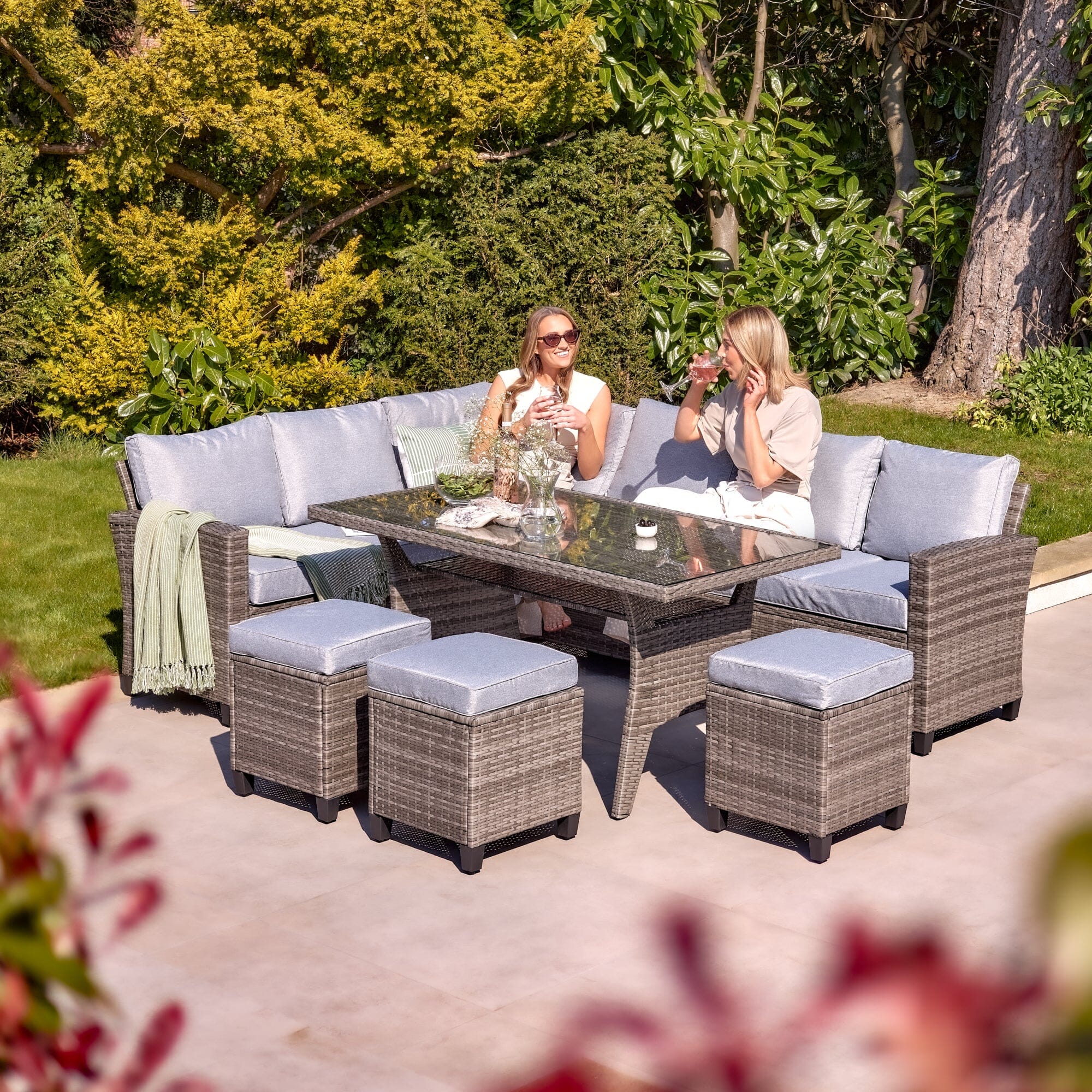 Aston 9 Seater Rattan Corner Sofa Set with Glass Table Top - Grey