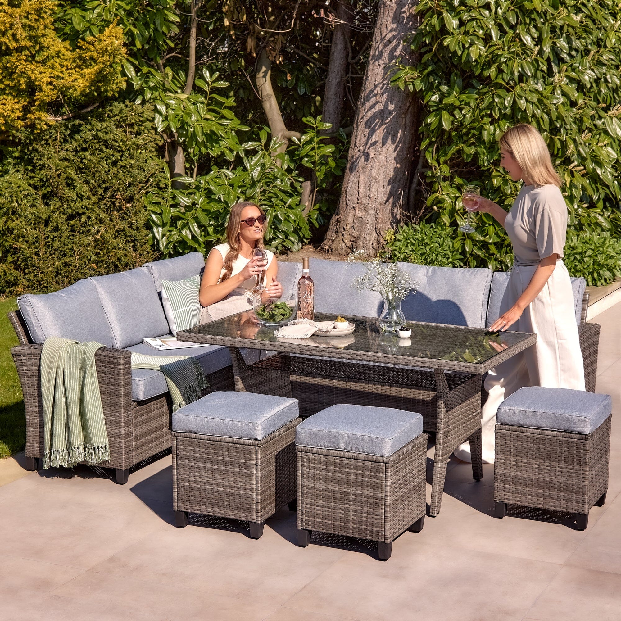 Aston 9 Seater Rattan Corner Sofa Set with Glass Table Top - Grey