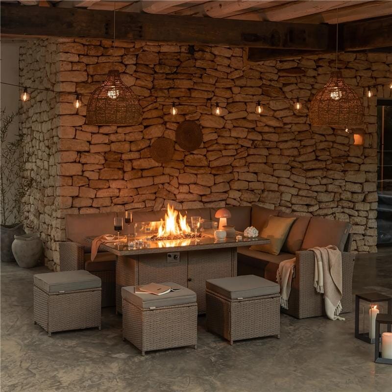Aston 9 Seater Rattan Garden Corner Sofa Set with Fire Pit - Brown Weave