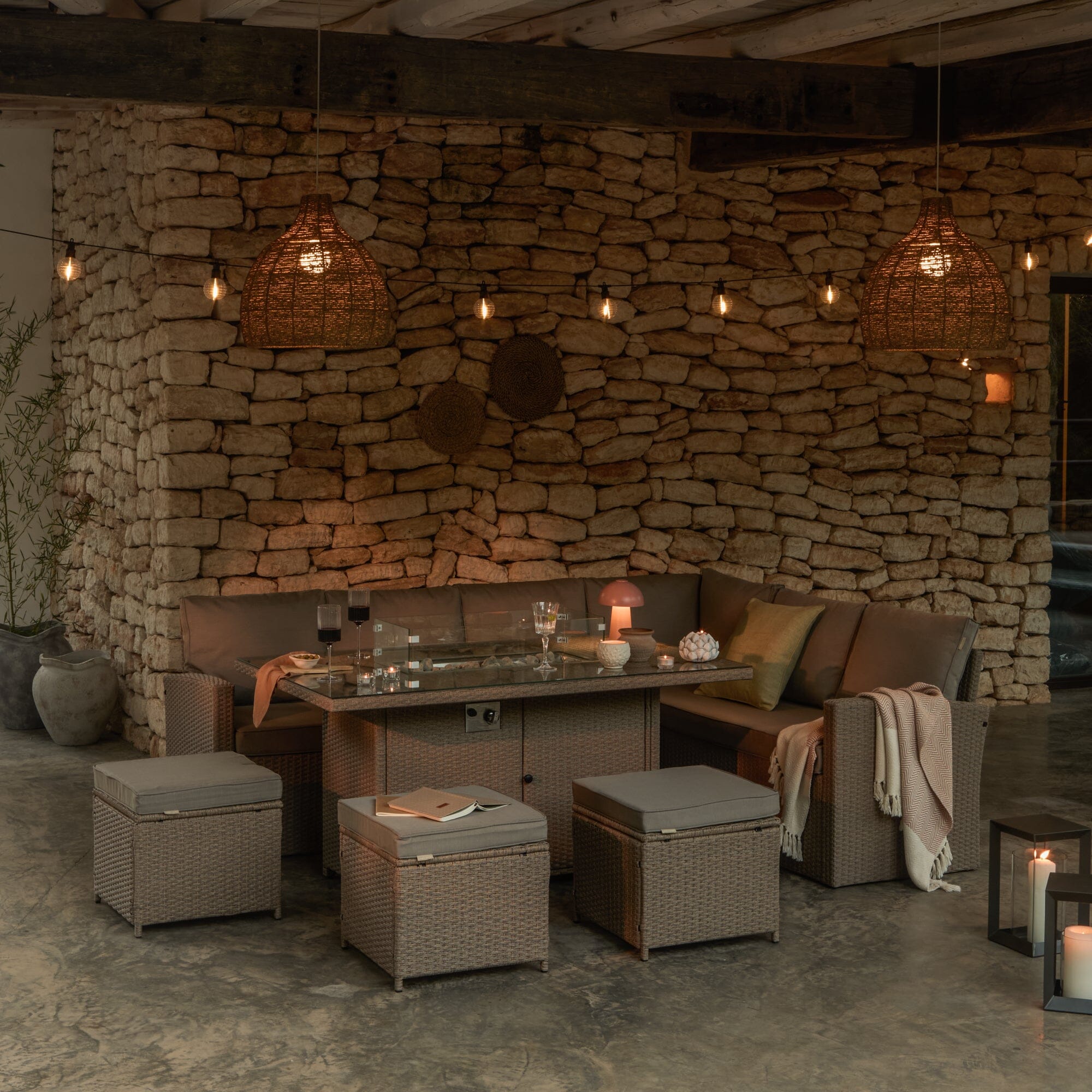 Aston 9 Seater Rattan Garden Corner Sofa Set with Fire Pit - Brown Weave
