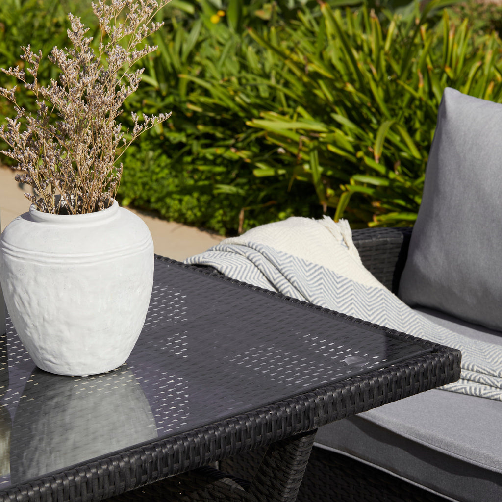 Aston 9 Seater Rattan Garden Corner Sofa Set with Grey Lean Over Parasol - Black Weave