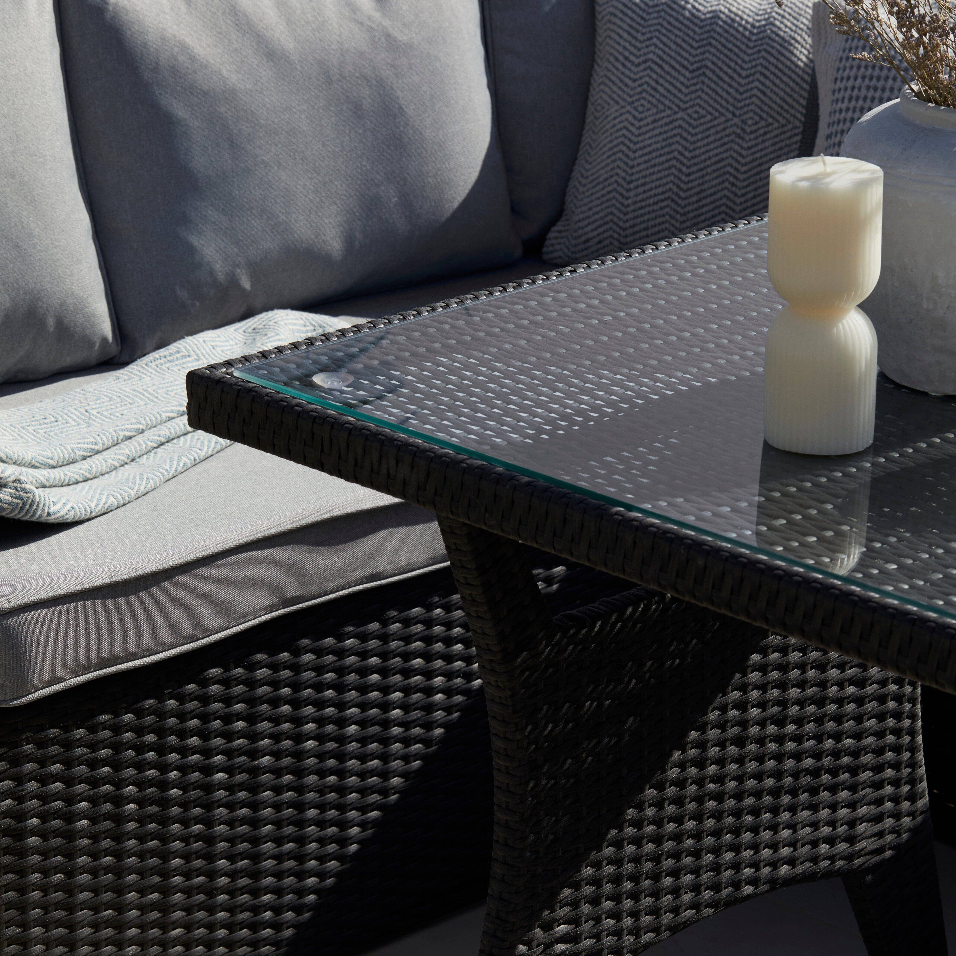 Aston 9 Seater Rattan Garden Corner Sofa Set with Grey Lean Over Parasol - Black Weave