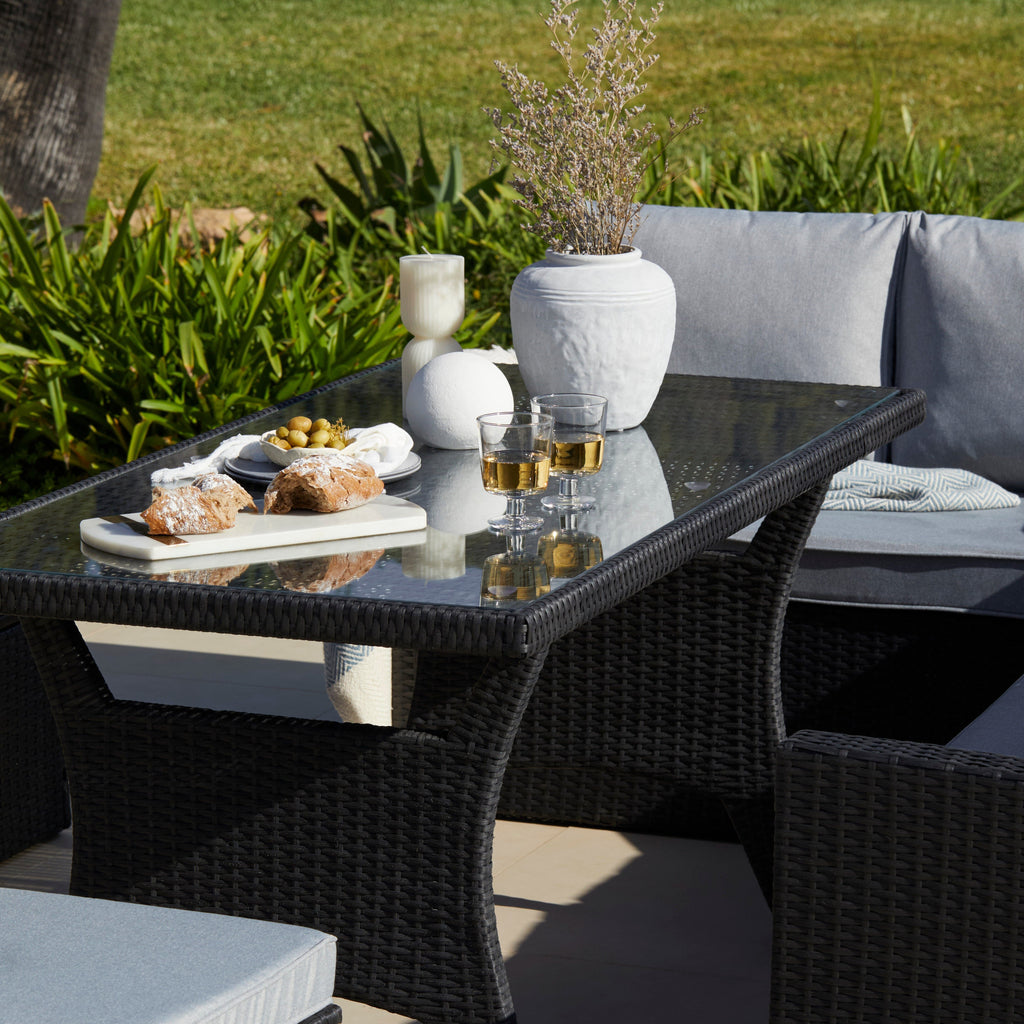 Aston 9 Seater Rattan Garden Corner Sofa Set with Grey LED Premium Cantilever Parasol - Black Weave
