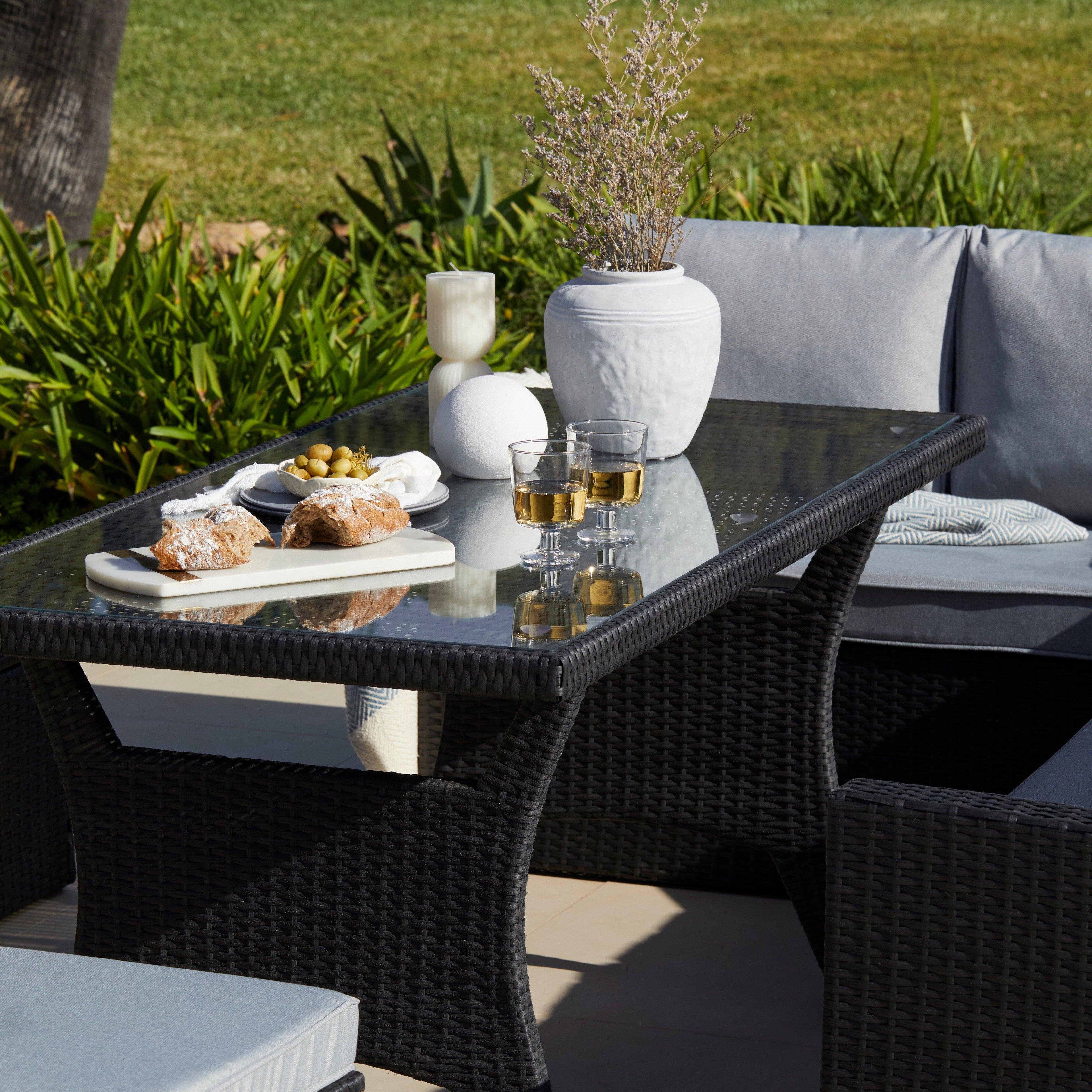 Aston 9 Seater Rattan Garden Corner Sofa Set with Grey LED Premium Cantilever Parasol - Black Weave