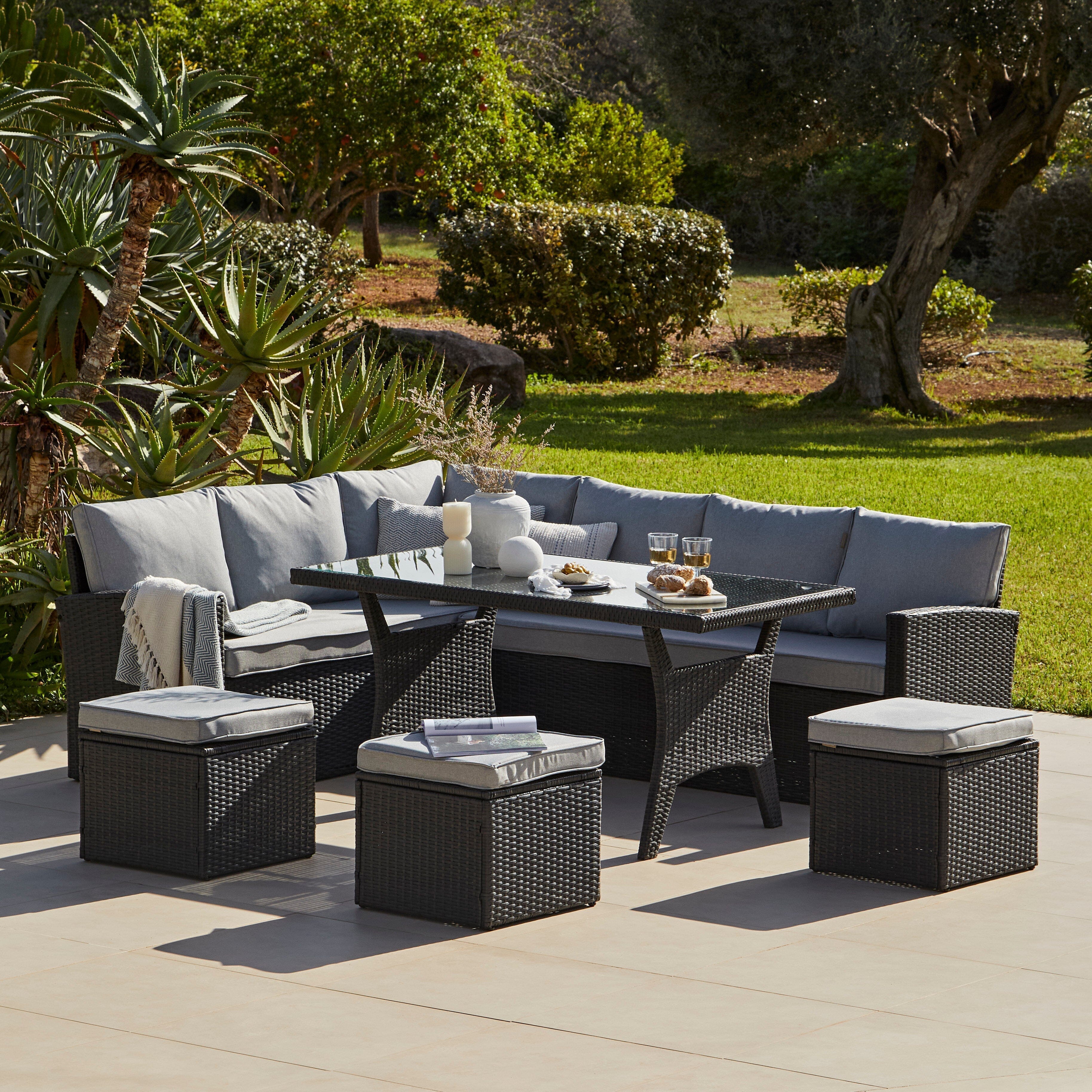 Aston 9 Seater Rattan Garden Corner Sofa Set with Grey Lean Over Parasol - Black Weave