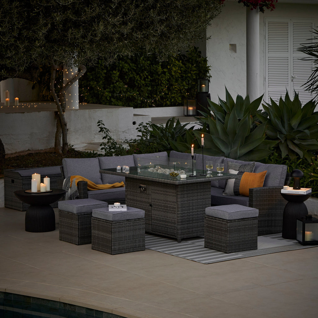 Aston 9 Seater Rattan Garden Corner Sofa Set with Fire Pit - Grey Weave