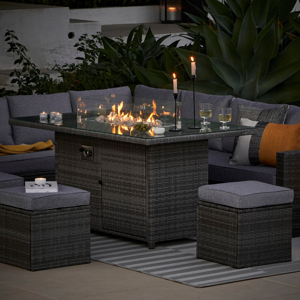 Aston 9 Seater Rattan Garden Corner Sofa Set with Fire Pit - Grey Weave