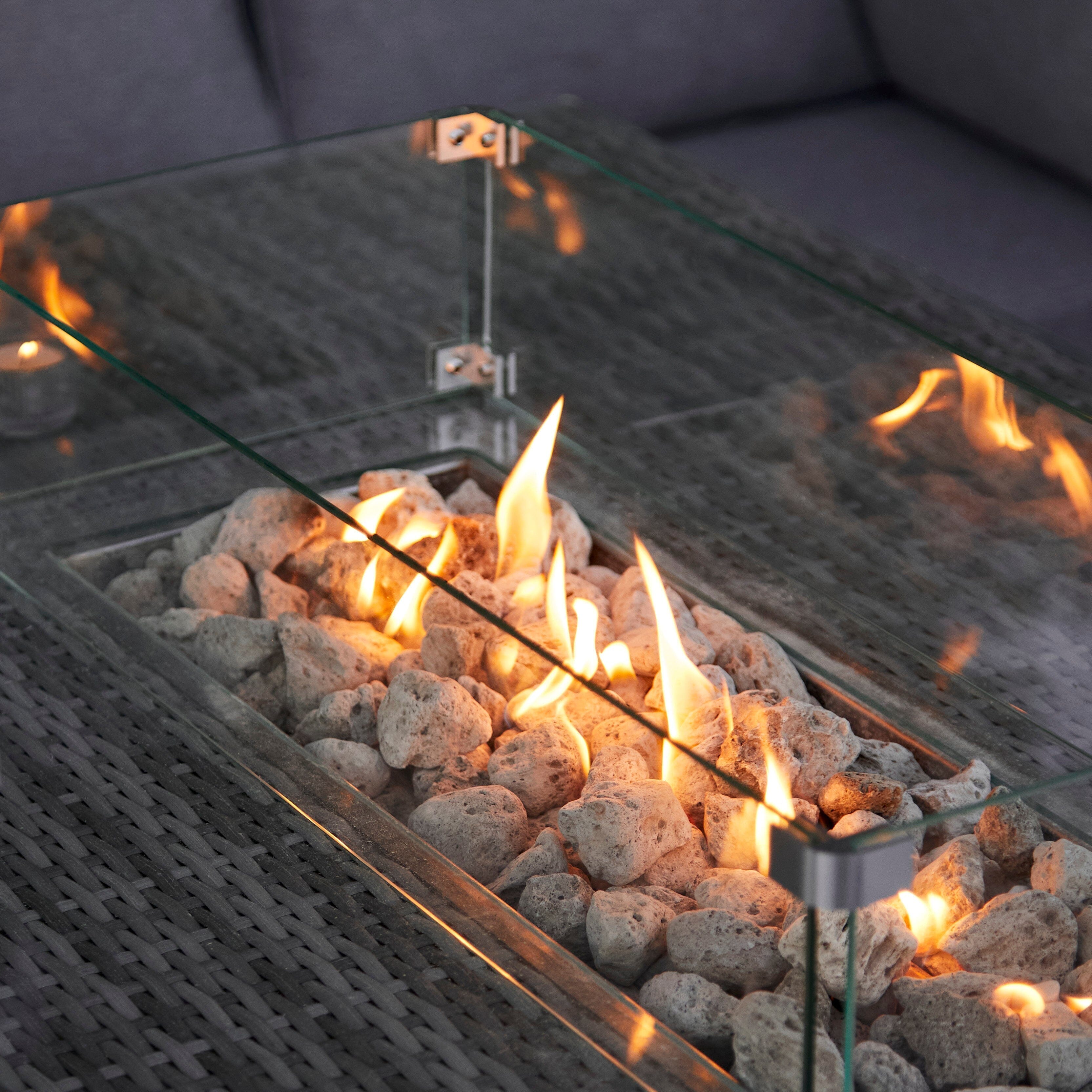 Aston 9 Seater Rattan Garden Corner Sofa Set with Fire Pit - Grey Weave