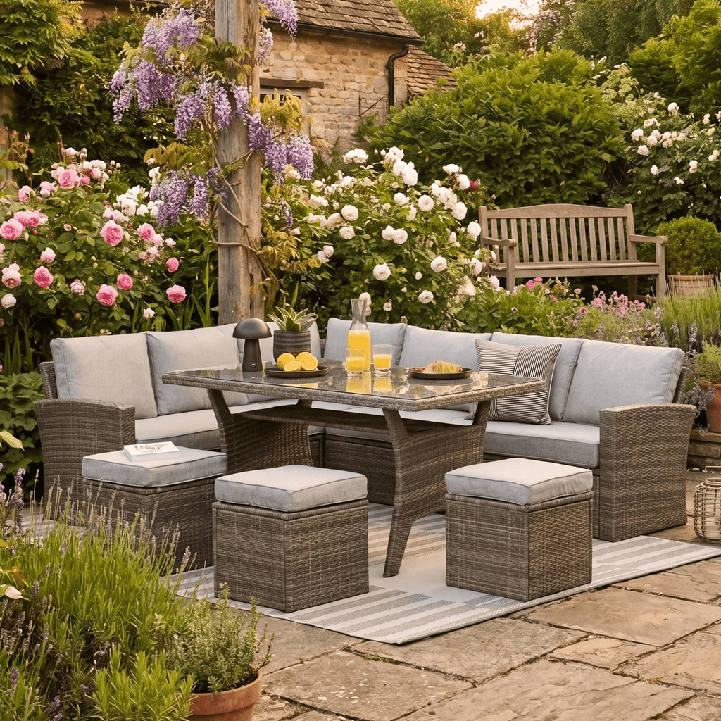 Aston 9 Seater Rattan Corner Sofa Set with Glass Table Top - Grey