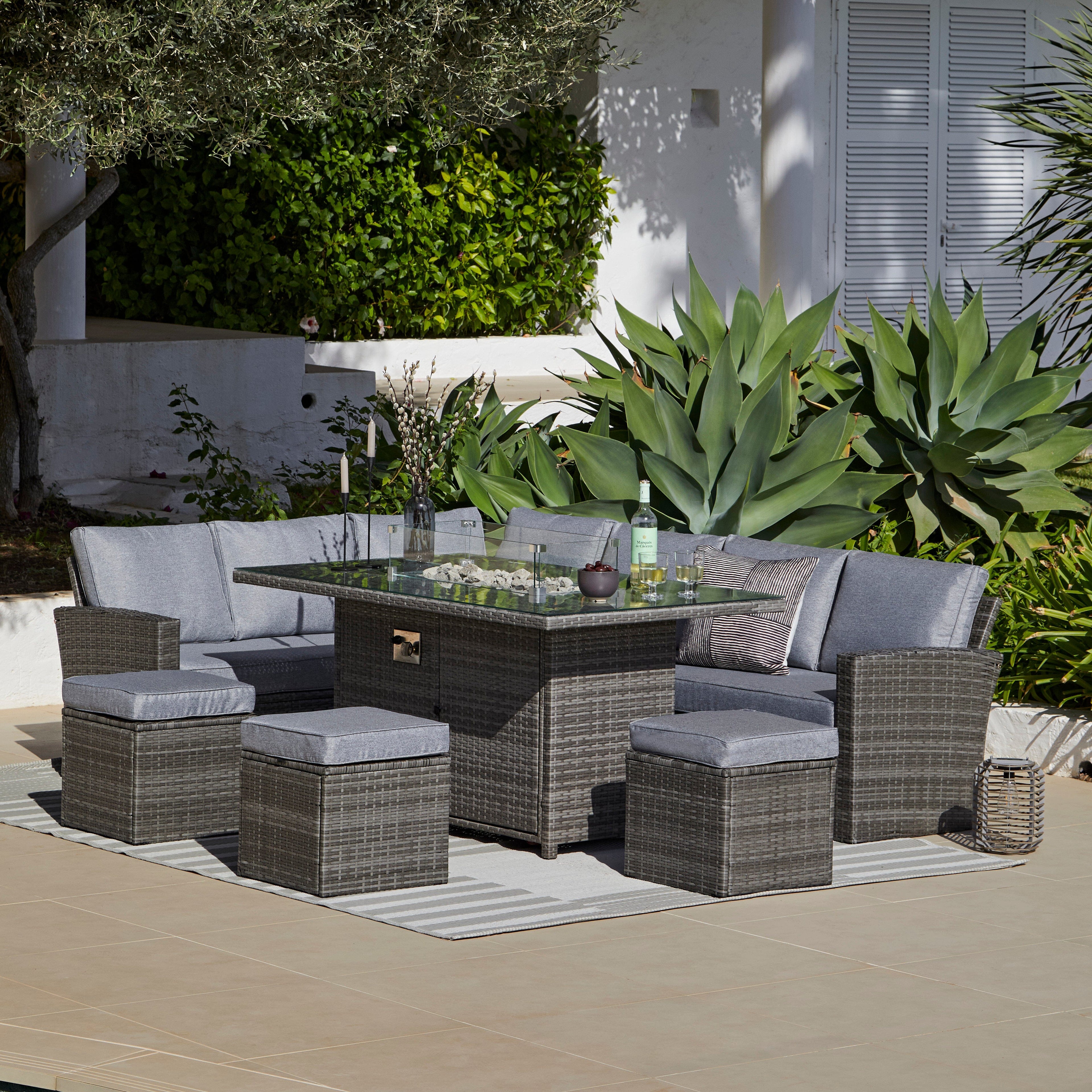 Aston 9 Seater Rattan Garden Corner Sofa Set with Fire Pit - Grey Weave