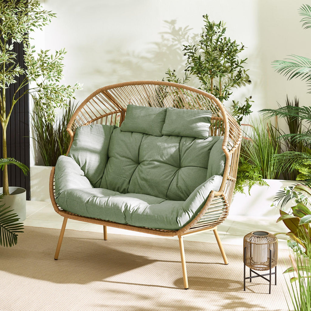 Beige Rattan & Green Garden Double Egg Chair Seat