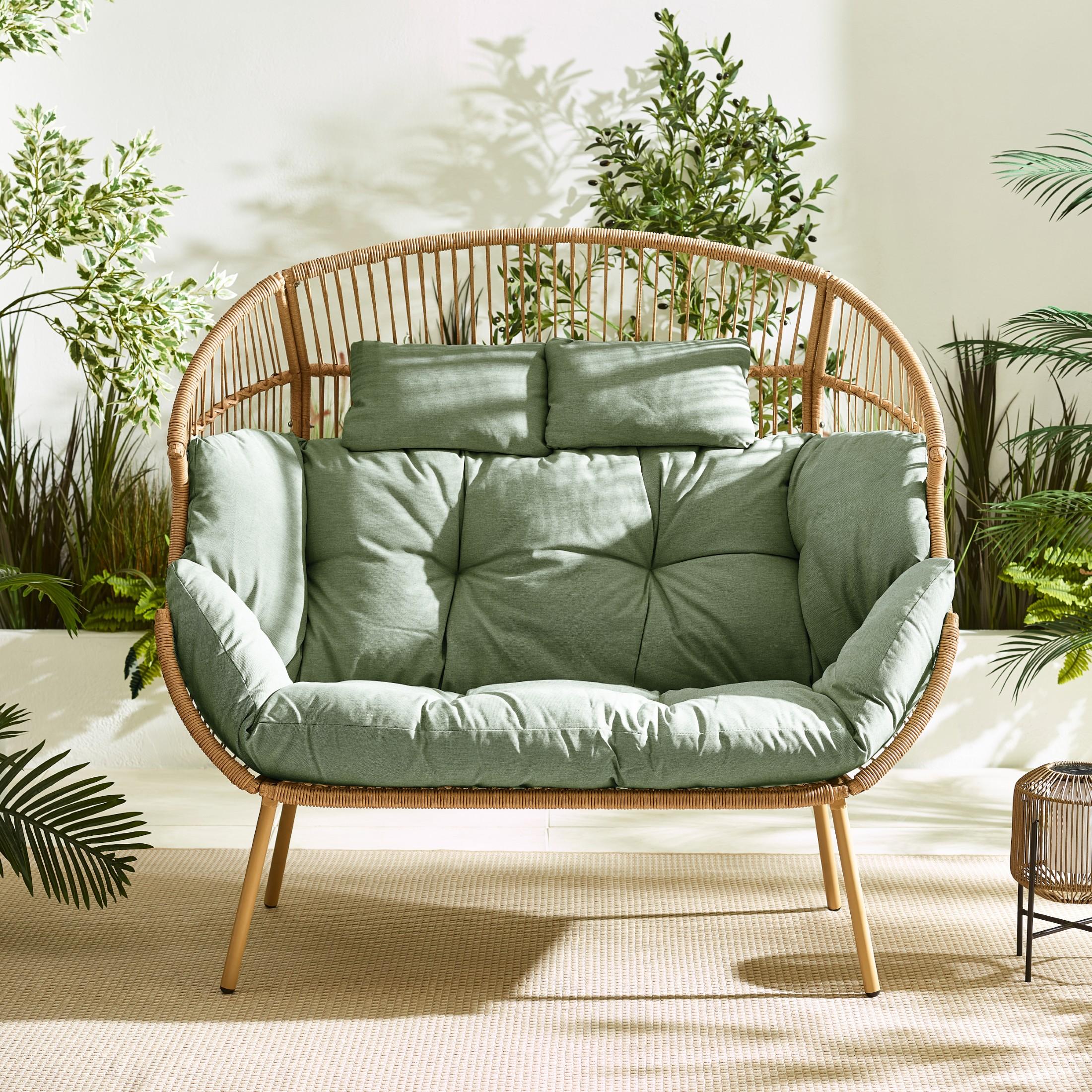 Beige Rattan & Green Garden Double Egg Chair Seat