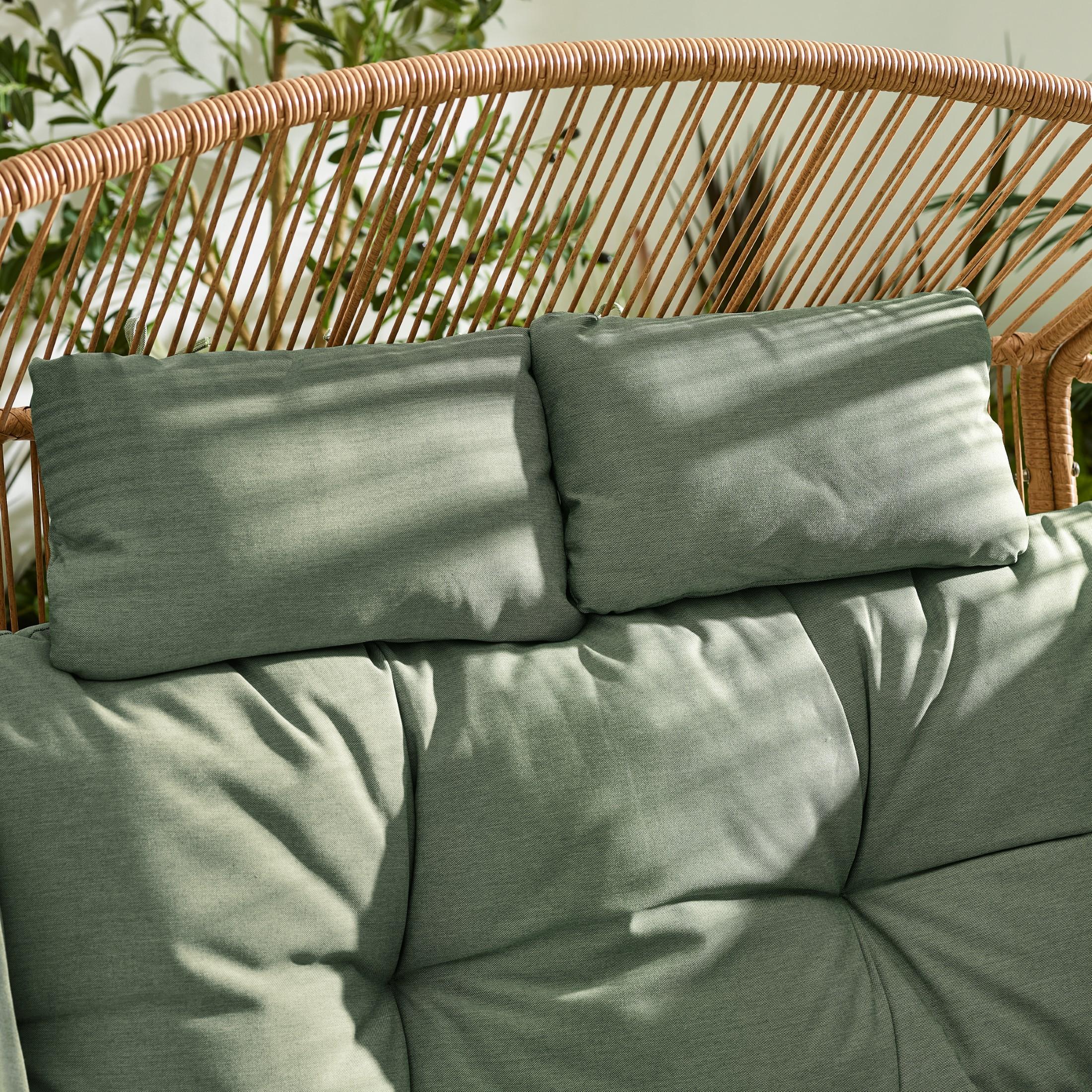 Beige Rattan & Green Garden Double Egg Chair Seat